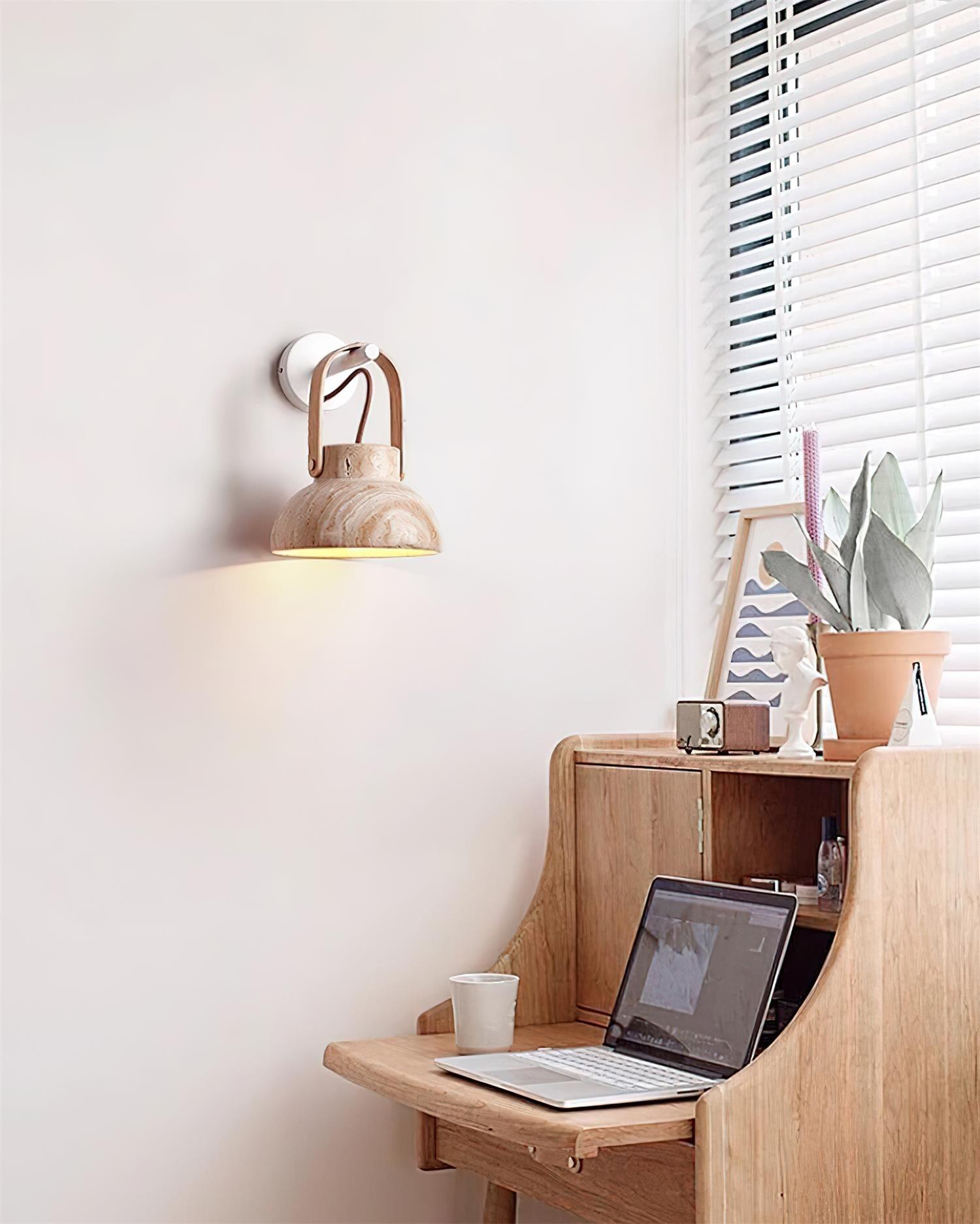 Wall Lamp Body Wood Strap Travertine Shade Minimalist - Letslighting