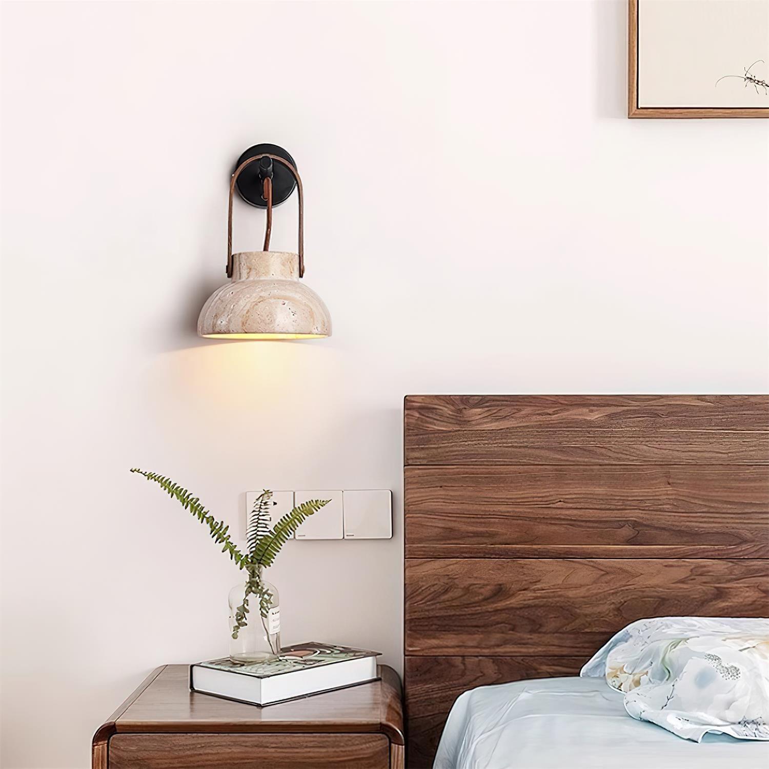 Wall Lamp Body Wood Strap Travertine Shade Minimalist - Letslighting