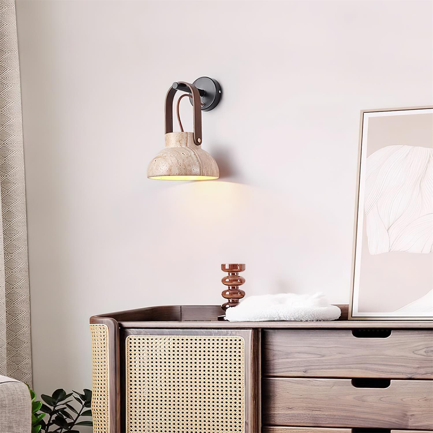 Wall Lamp Body Wood Strap Travertine Shade Minimalist - Letslighting