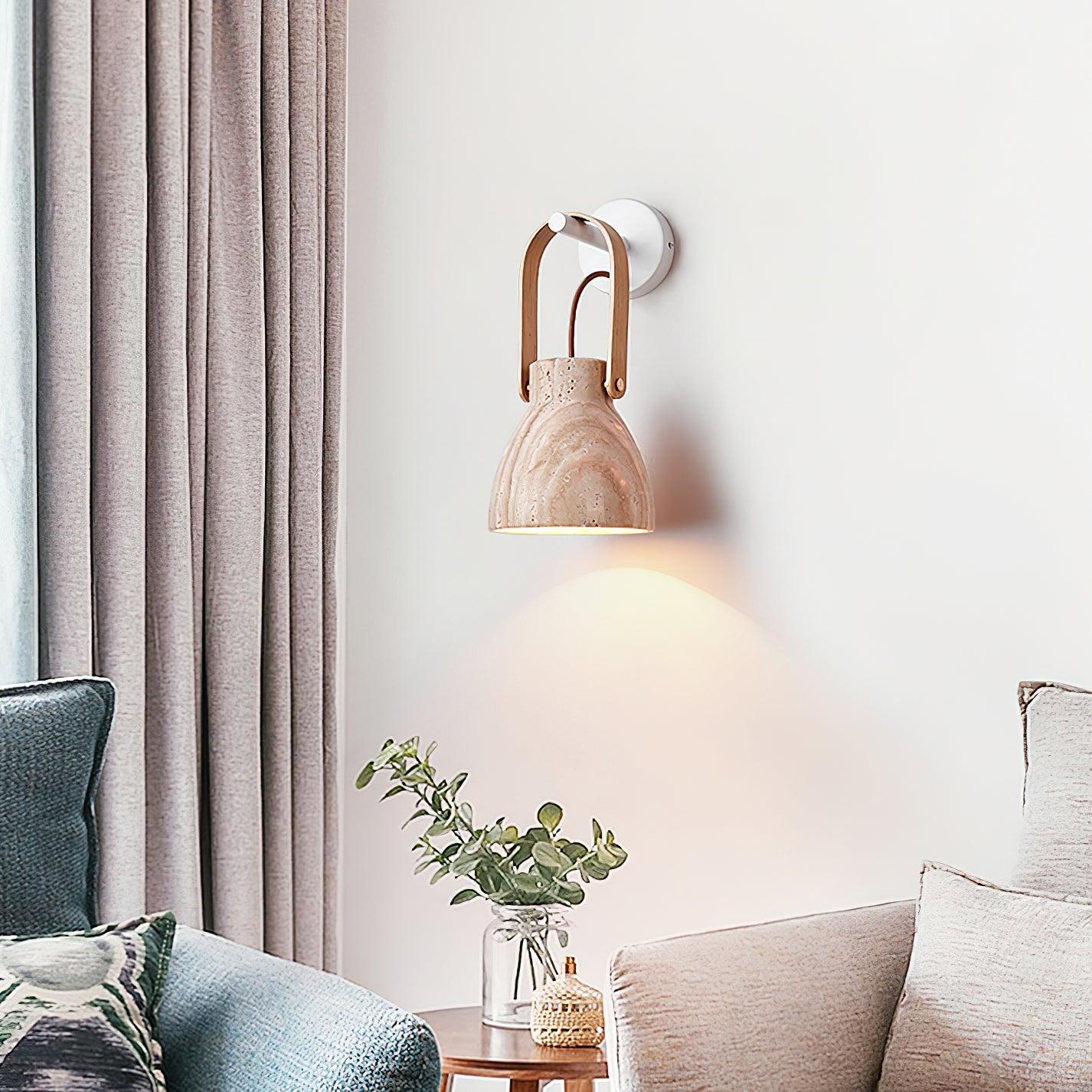 Wall Lamp Body Wood Strap Travertine Shade Minimalist - Letslighting