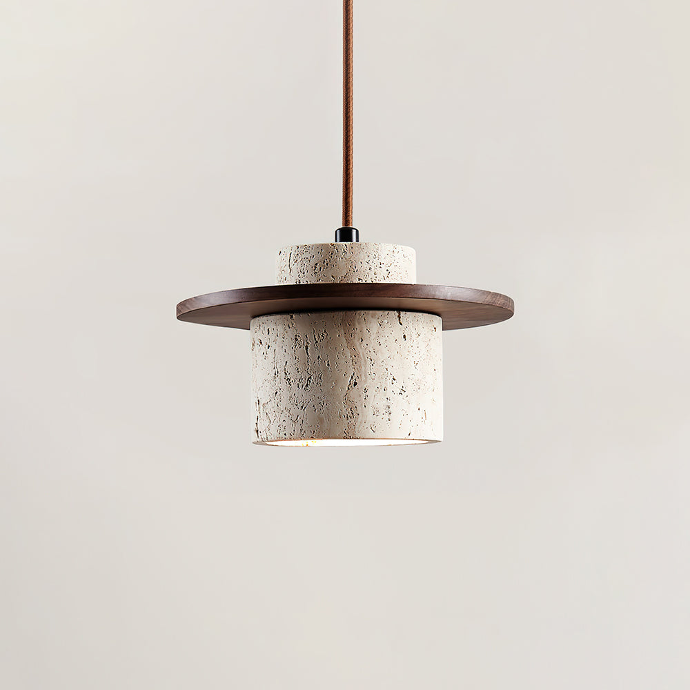 Pendant Lamp Travertine Cylinder Walnut Wood Disc Artisanal - Letslighting