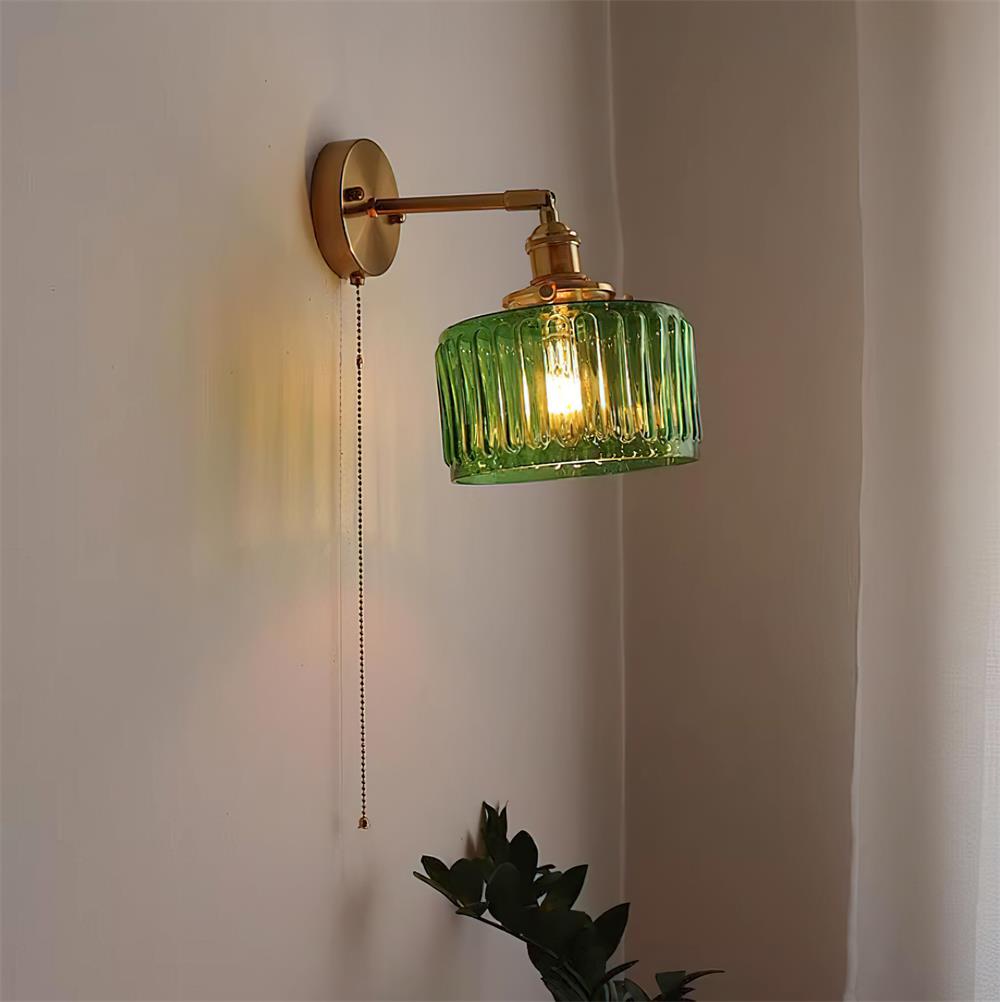 Wall Lamp Brass with Green/Clear Glass Shade and Pull Chain - Letslighting
