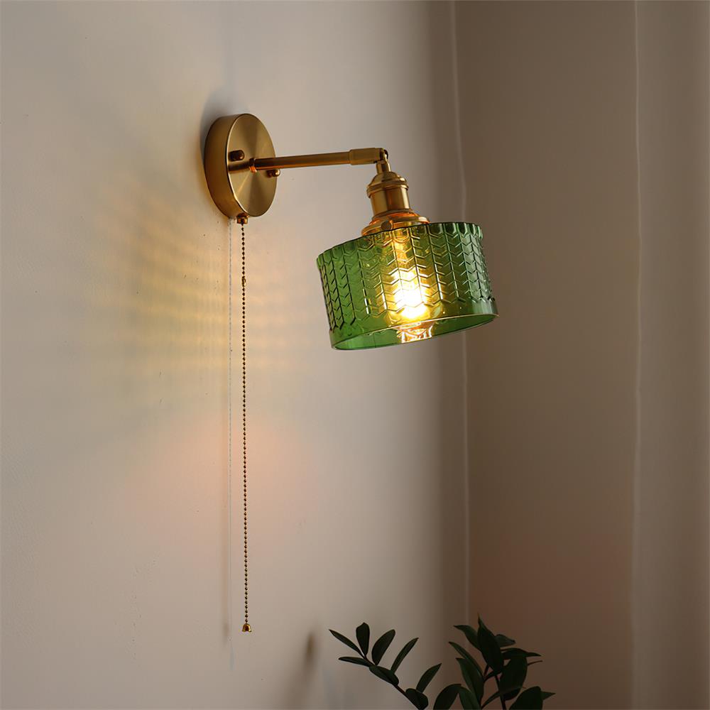 Wall Lamp Brass with Green/Clear Glass Shade and Pull Chain - Letslighting