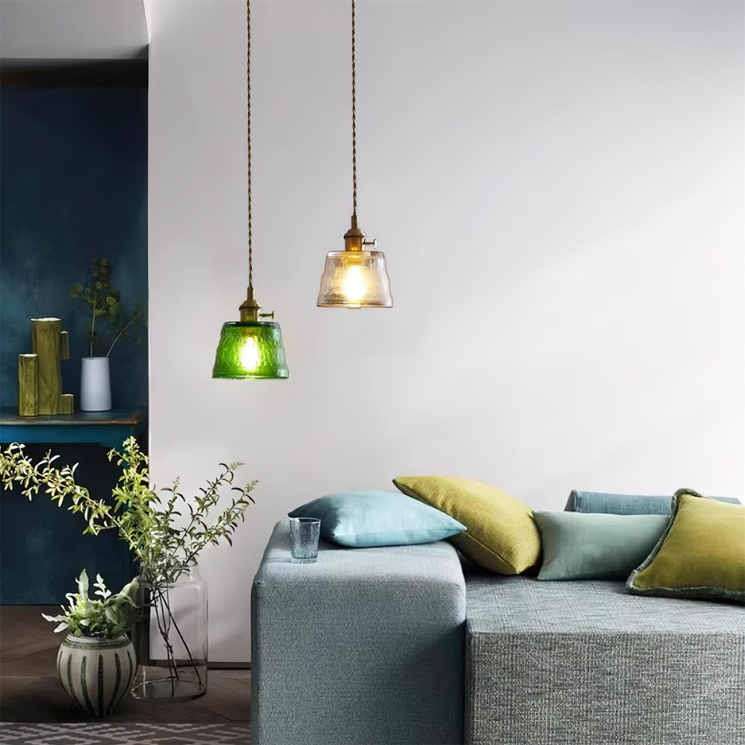 Pendant Lamp Brass and Glass Textured Shade Artisan Vintage Accent