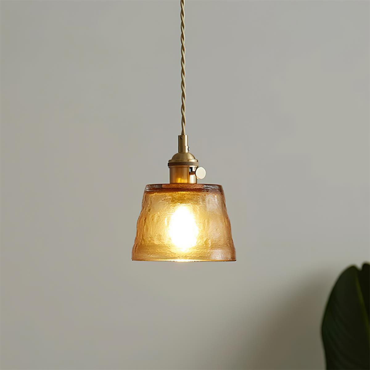Pendant Lamp Brass and Glass Textured Shade Artisan Vintage Accent