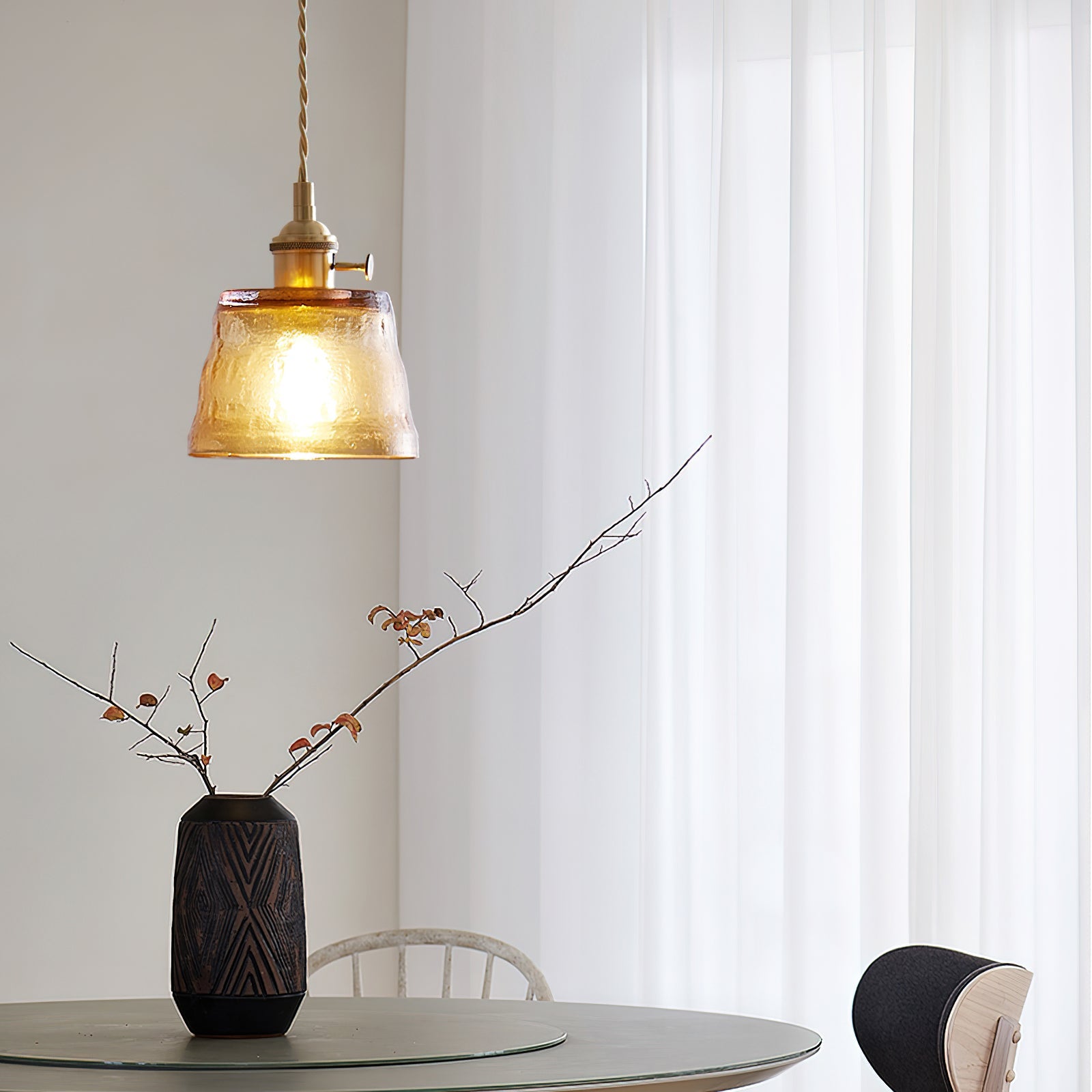 Pendant Lamp Brass and Glass Textured Shade Artisan Vintage Accent