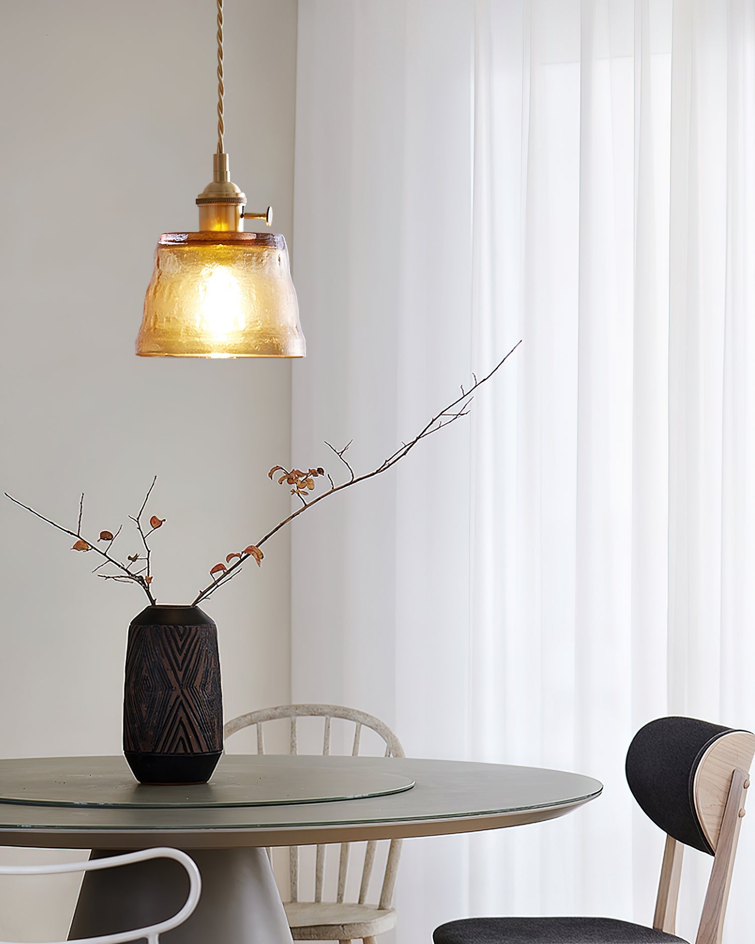 Pendant Lamp Brass and Glass Textured Shade Artisan Vintage Accent