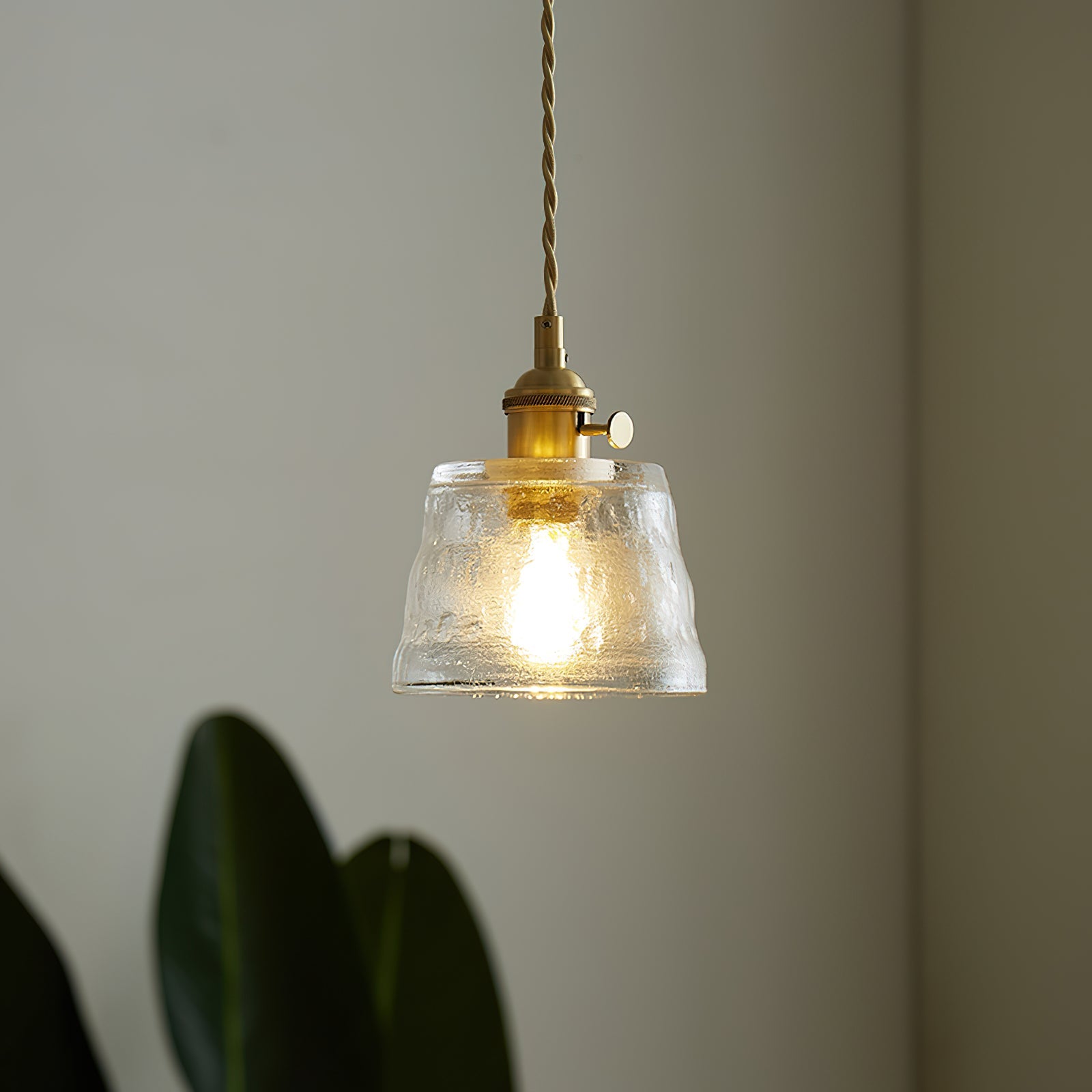 Pendant Lamp Brass and Glass Textured Shade Artisan Vintage Accent