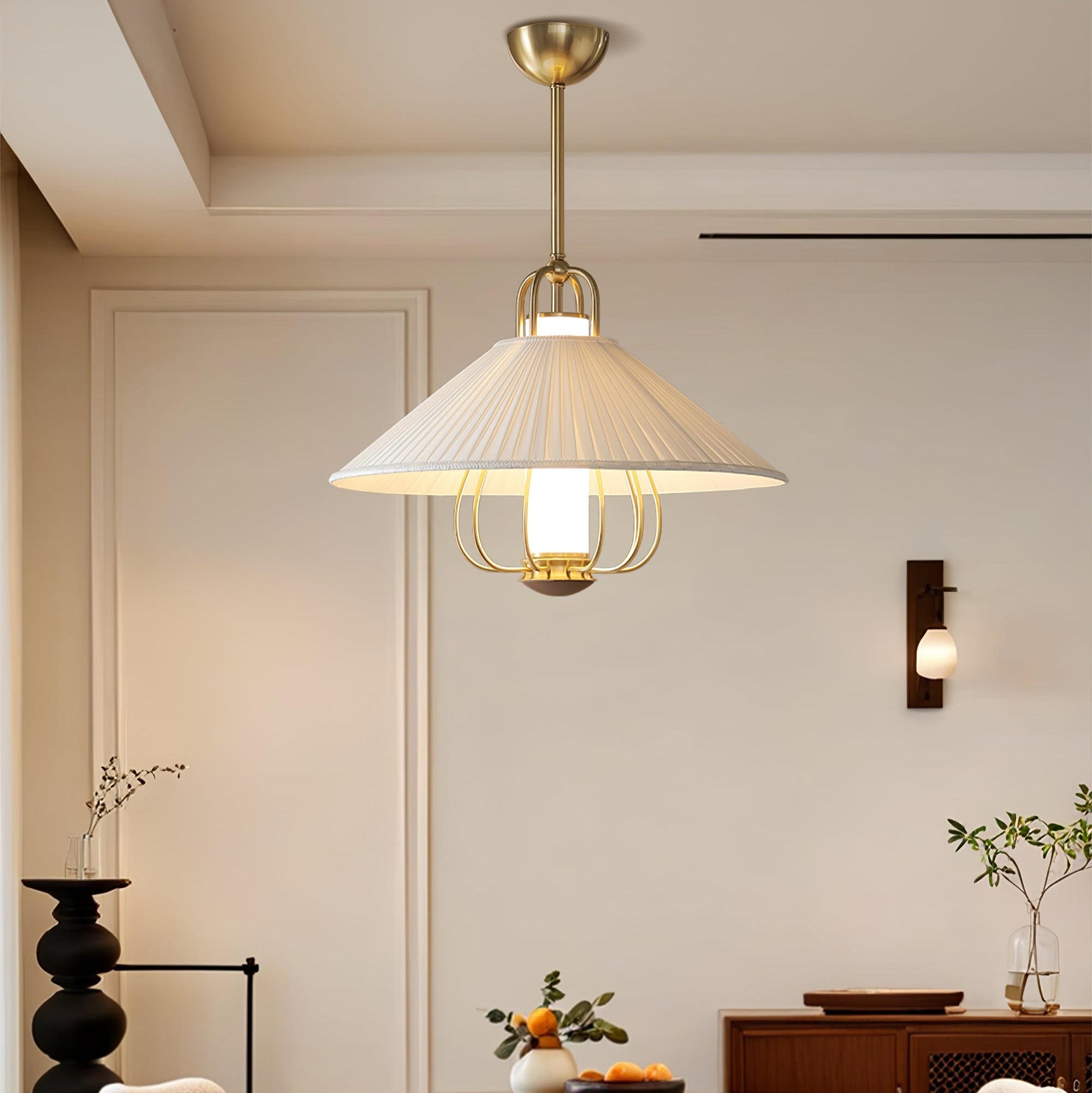 Lustra Pendant Light Fabric Gold LED Dining - Letslighting