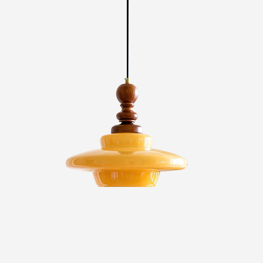 Pendant Lamp Yellow Glass with Walnut Wood Accent Retro - Letslighting
