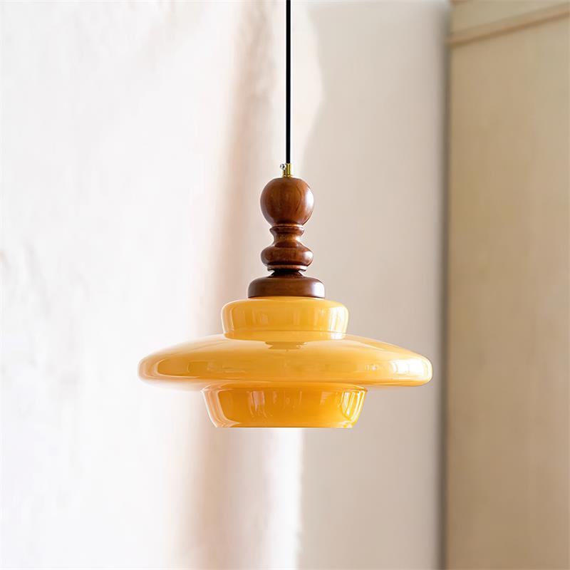 Pendant Lamp Yellow Glass with Walnut Wood Accent Retro - Letslighting