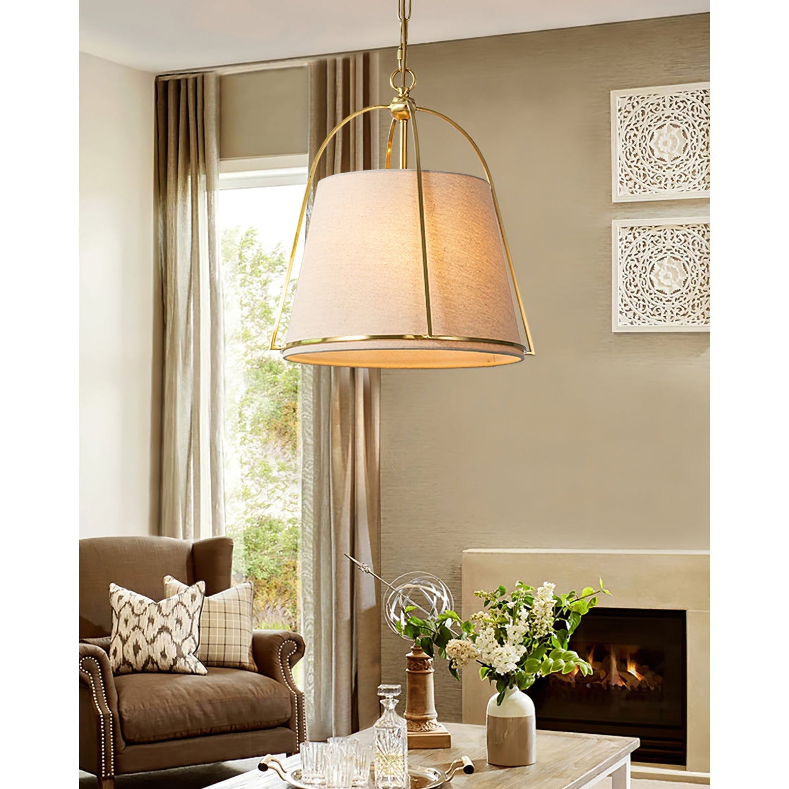 Yonder Traditional Classic Brass Fabric Pendant Lamp - Letslighting