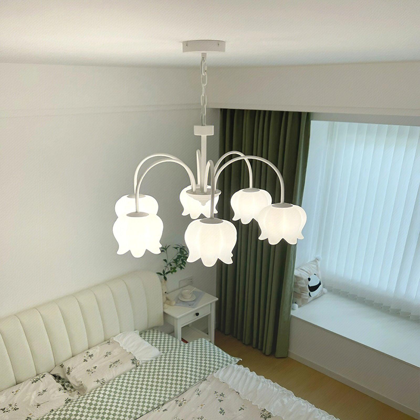 Lustra Chandelier Bell Shade Curved Arm White Floral Elegant - Letslighting