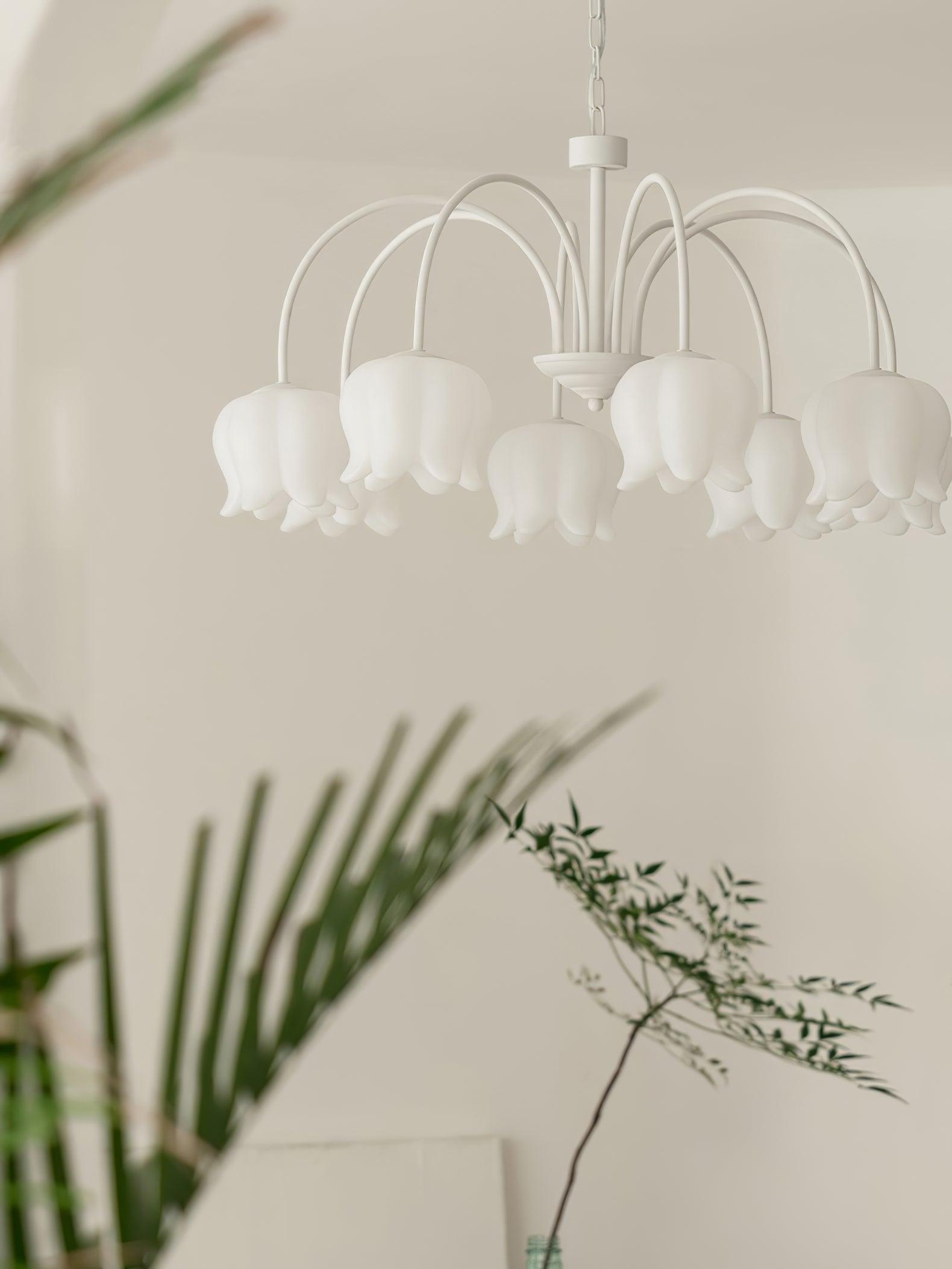 Lustra Chandelier Bell Shade Curved Arm White Floral Elegant - Letslighting