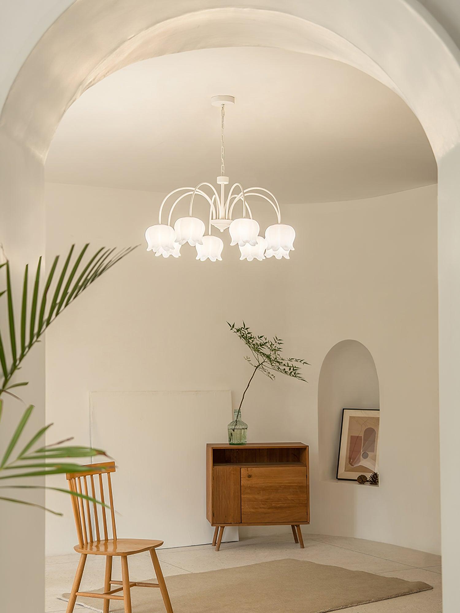 Lustra Chandelier Bell Shade Curved Arm White Floral Elegant - Letslighting