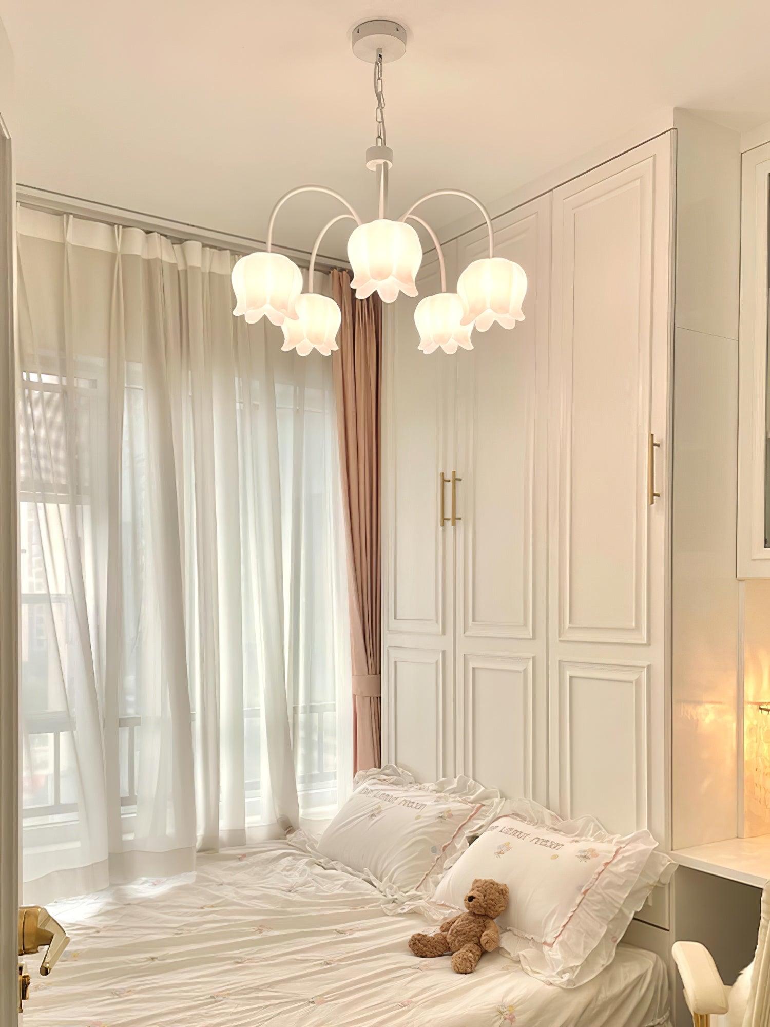 Lustra Chandelier Bell Shade Curved Arm White Floral Elegant - Letslighting