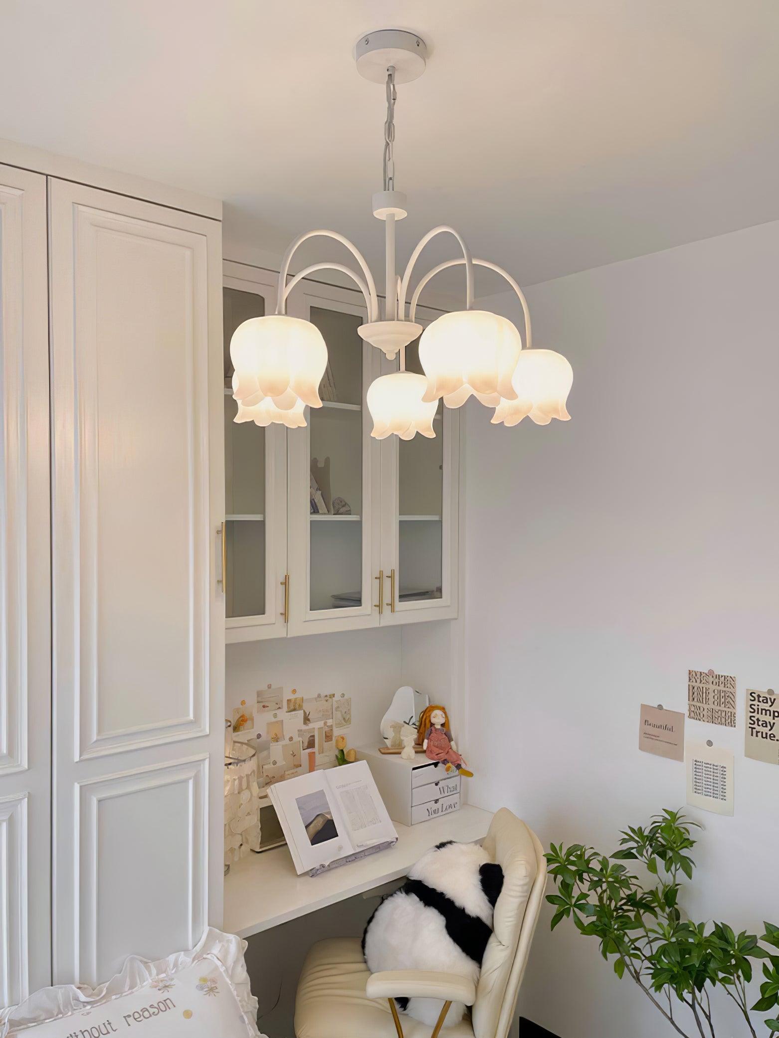 Lustra Chandelier Bell Shade Curved Arm White Floral Elegant - Letslighting