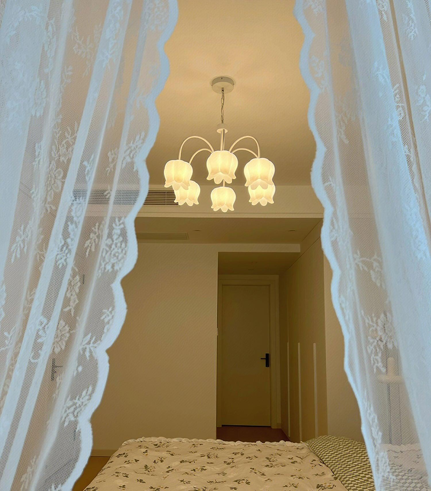 Lustra Chandelier Bell Shade Curved Arm White Floral Elegant - Letslighting