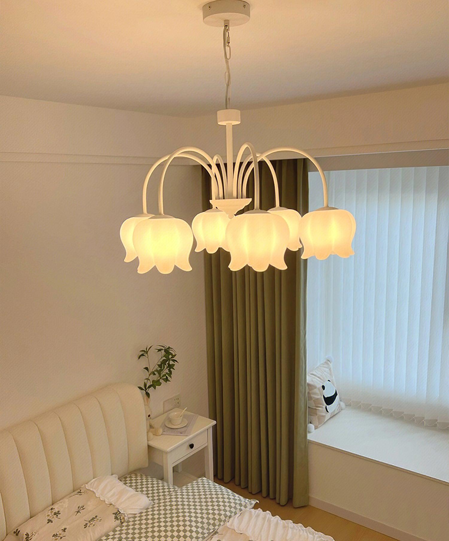 Lustra Chandelier Bell Shade Curved Arm White Floral Elegant - Letslighting