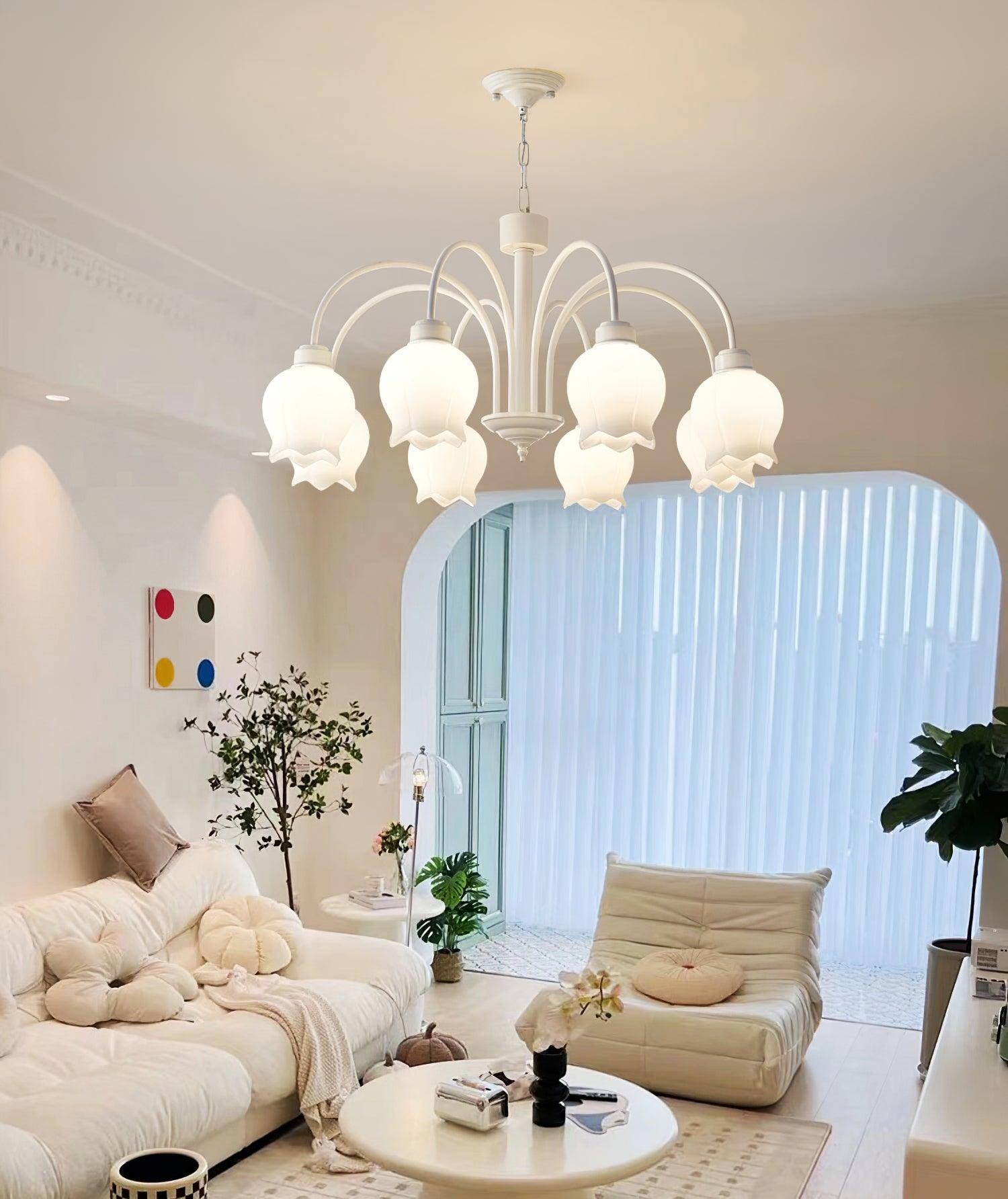 Lustra Chandelier Bell Shade Curved Arm White Floral Elegant - Letslighting