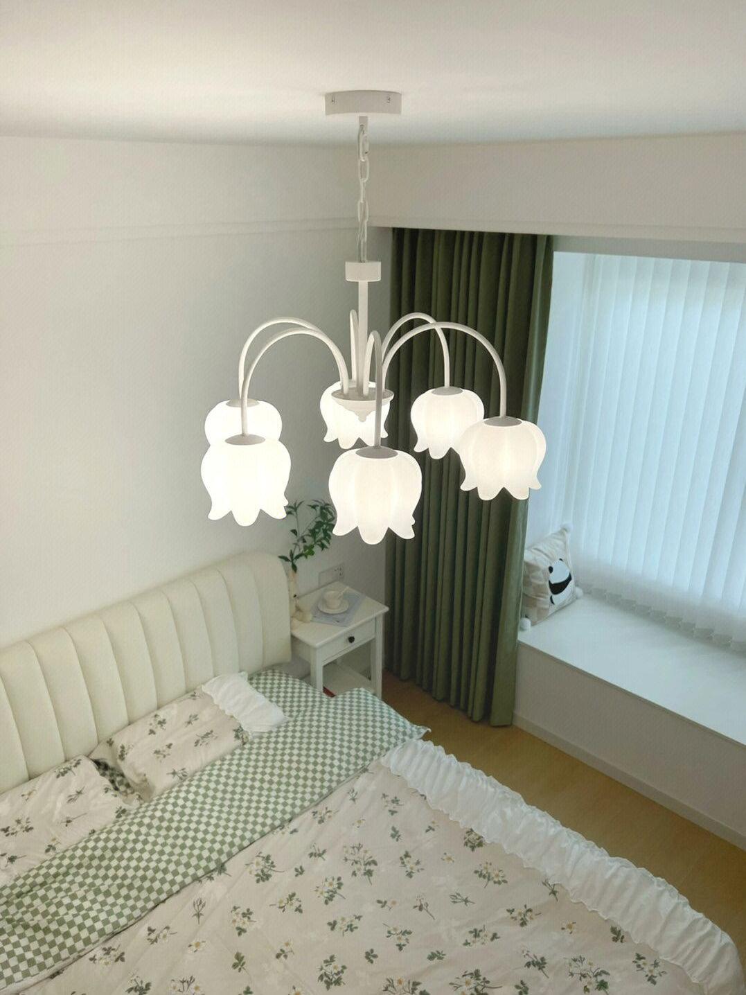 Lustra Chandelier Bell Shade Curved Arm White Floral Elegant - Letslighting