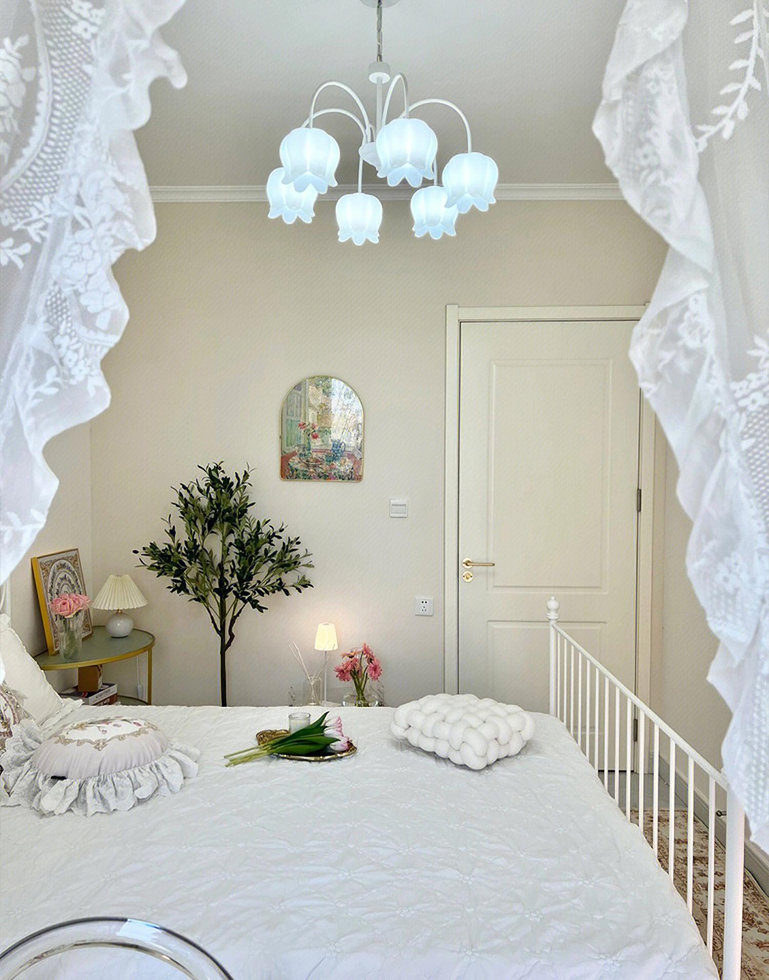 Lustra Chandelier Bell Shade Curved Arm White Floral Elegant - Letslighting
