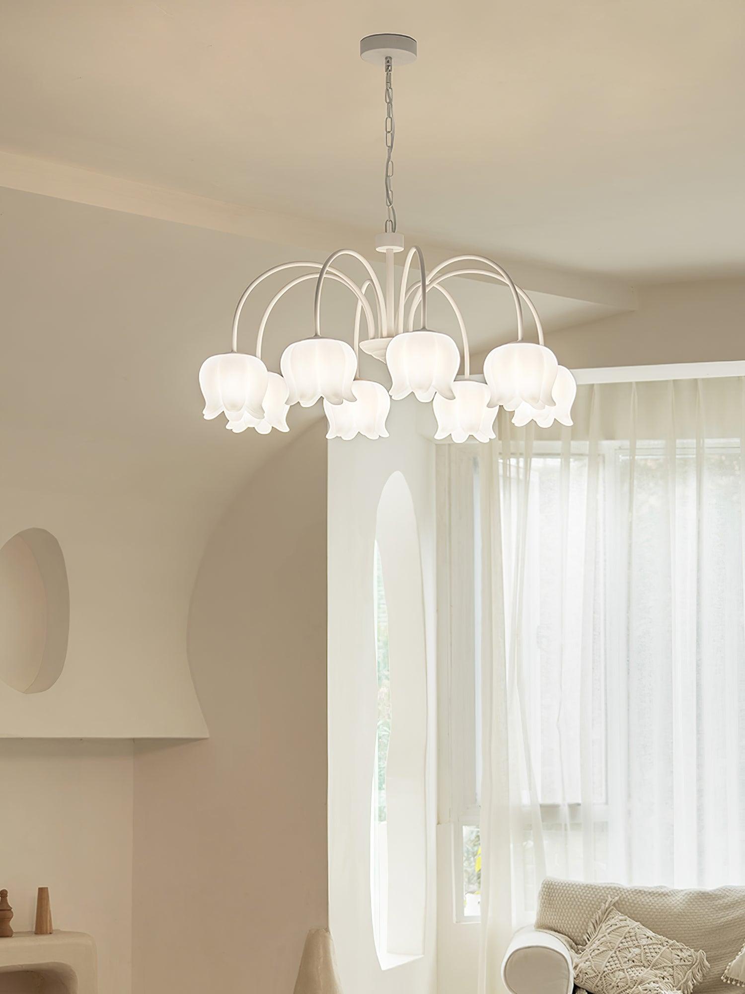 Lustra Chandelier Bell Shade Curved Arm White Floral Elegant - Letslighting