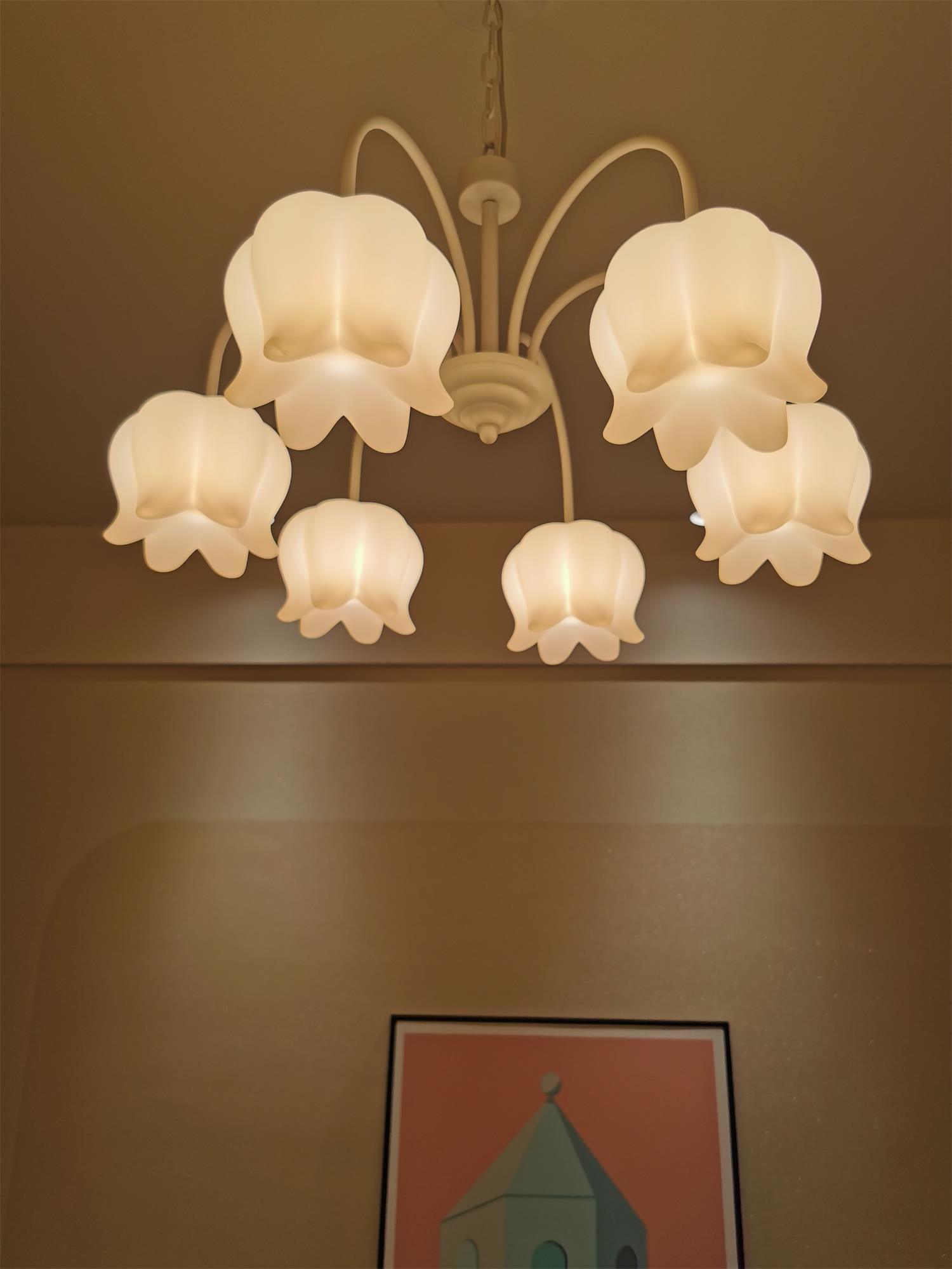 Lustra Chandelier Bell Shade Curved Arm White Floral Elegant - Letslighting