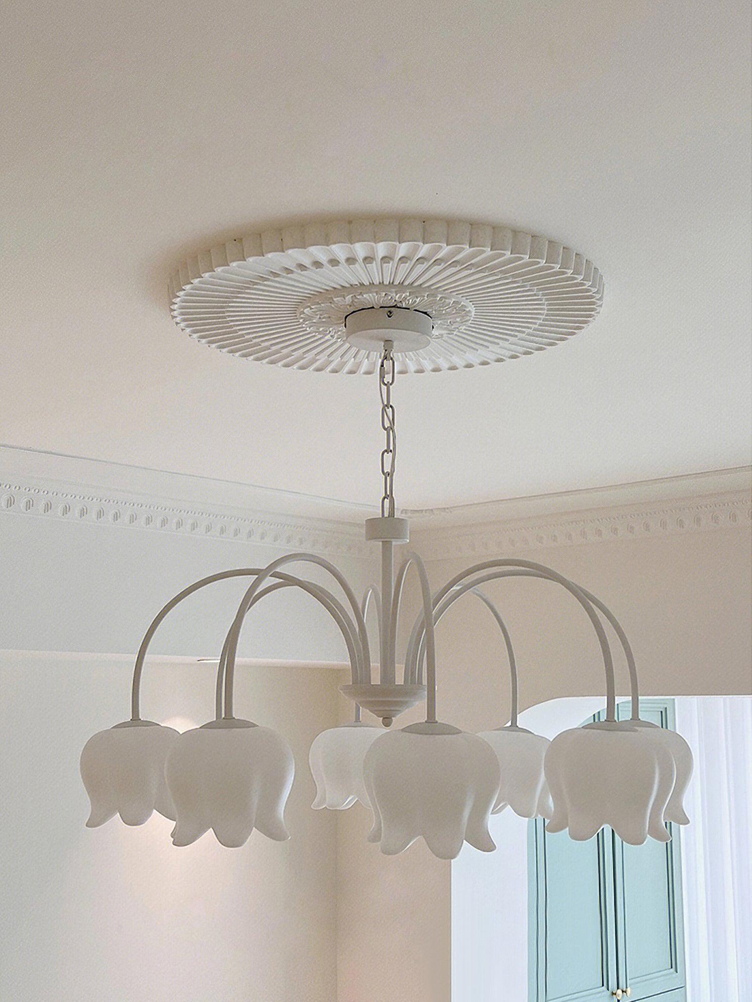 Lustra Chandelier Bell Shade Curved Arm White Floral Elegant - Letslighting