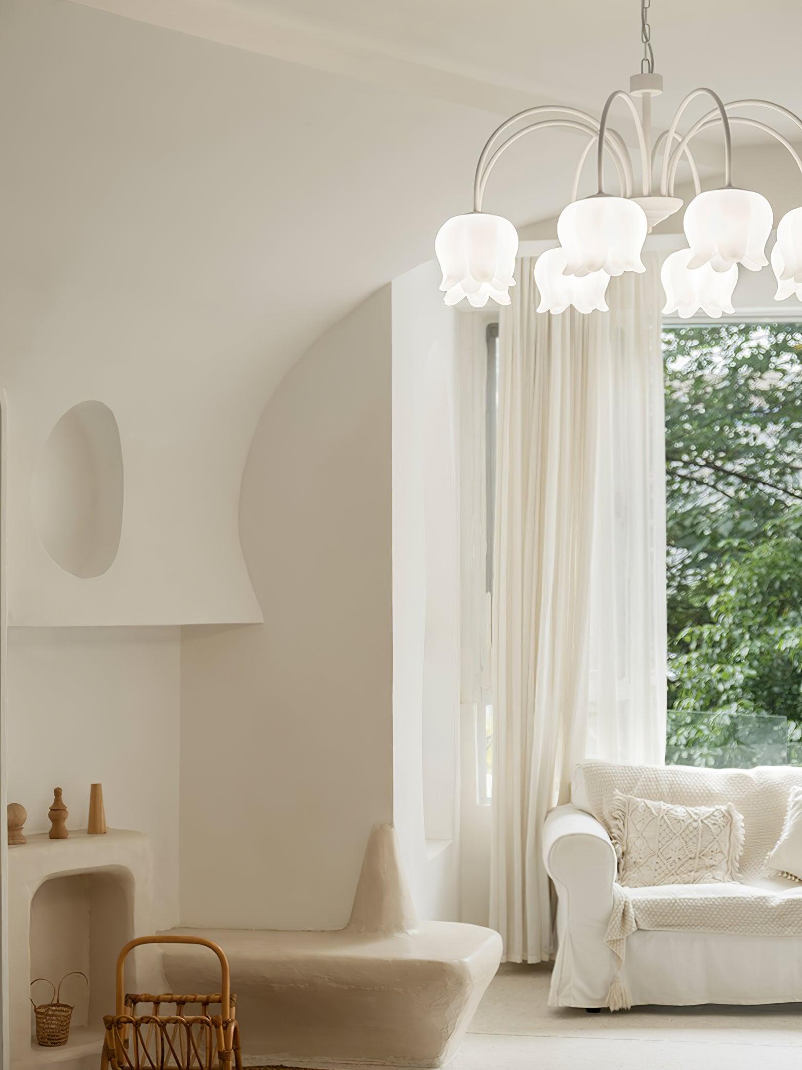 Lustra Chandelier Bell Shade Curved Arm White Floral Elegant - Letslighting