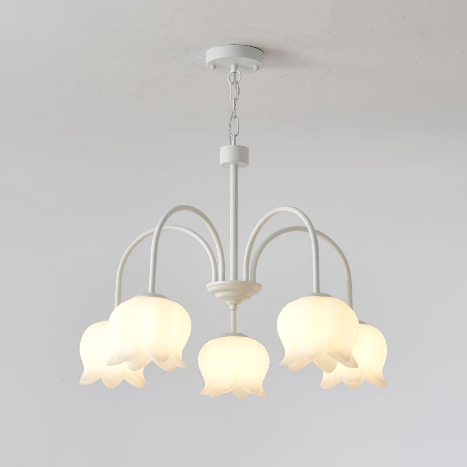 Lustra Chandelier Bell Shade Curved Arm White Floral Elegant - Letslighting