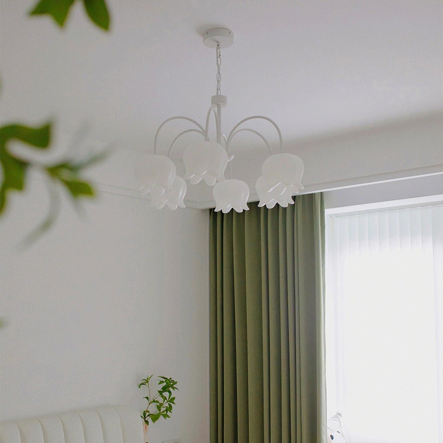 Lustra Chandelier Bell Shade Curved Arm White Floral Elegant - Letslighting