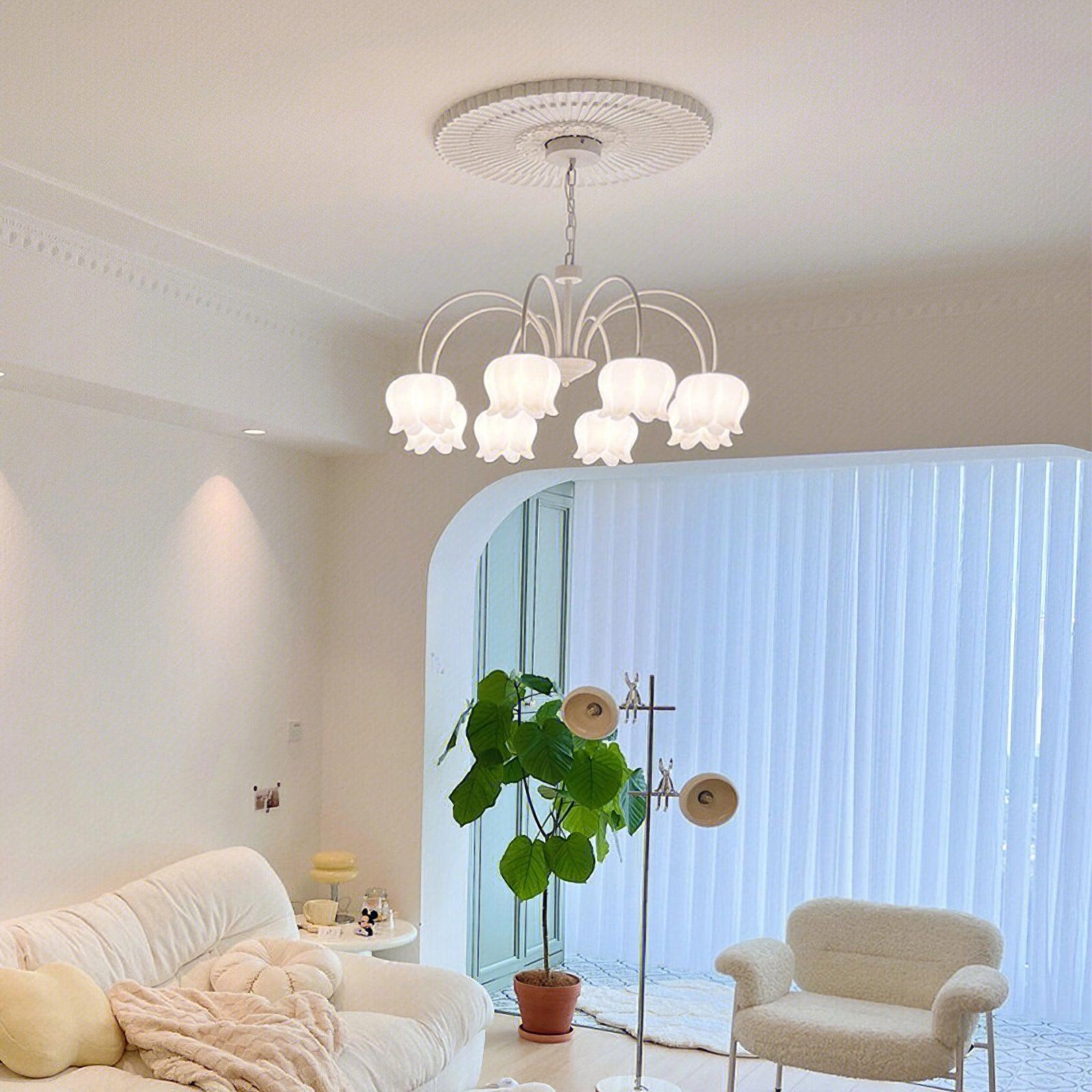 Lustra Chandelier Bell Shade Curved Arm White Floral Elegant - Letslighting