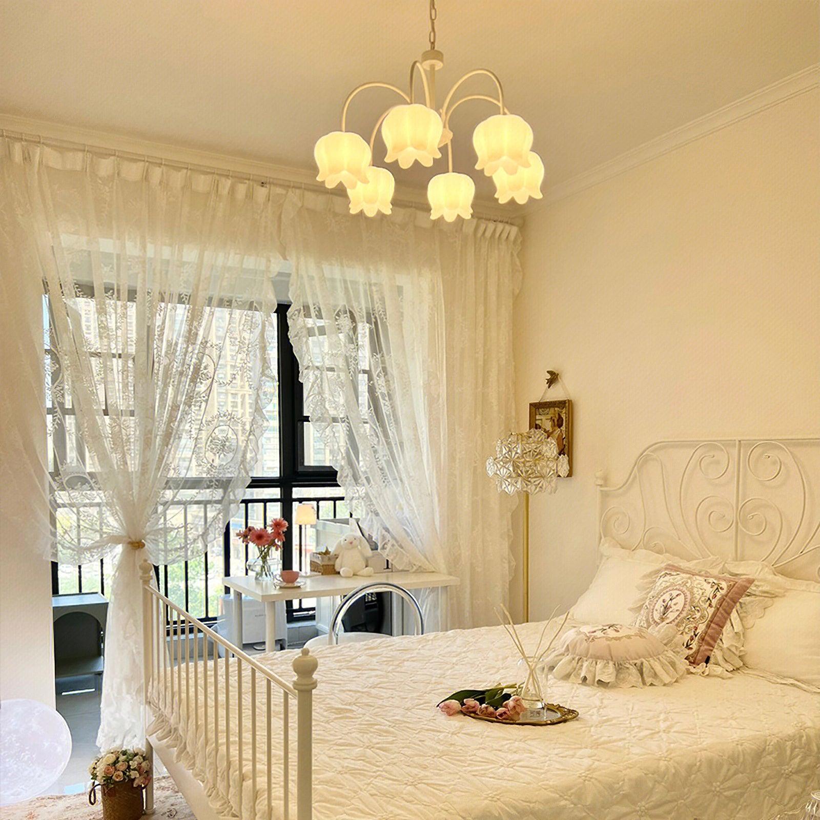 Lustra Chandelier Bell Shade Curved Arm White Floral Elegant - Letslighting