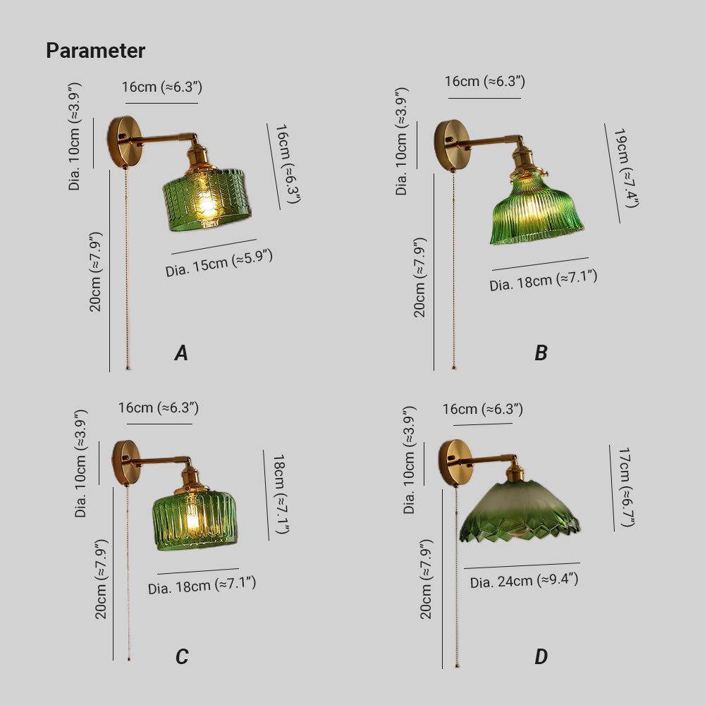Wall Lamp Brass with Green/Clear Glass Shade and Pull Chain