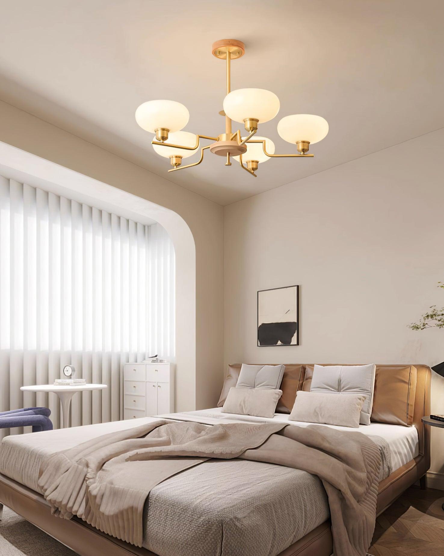 Chandelier Wood & Brass Frame Glass Shades Medieval Ambience - Letslighting