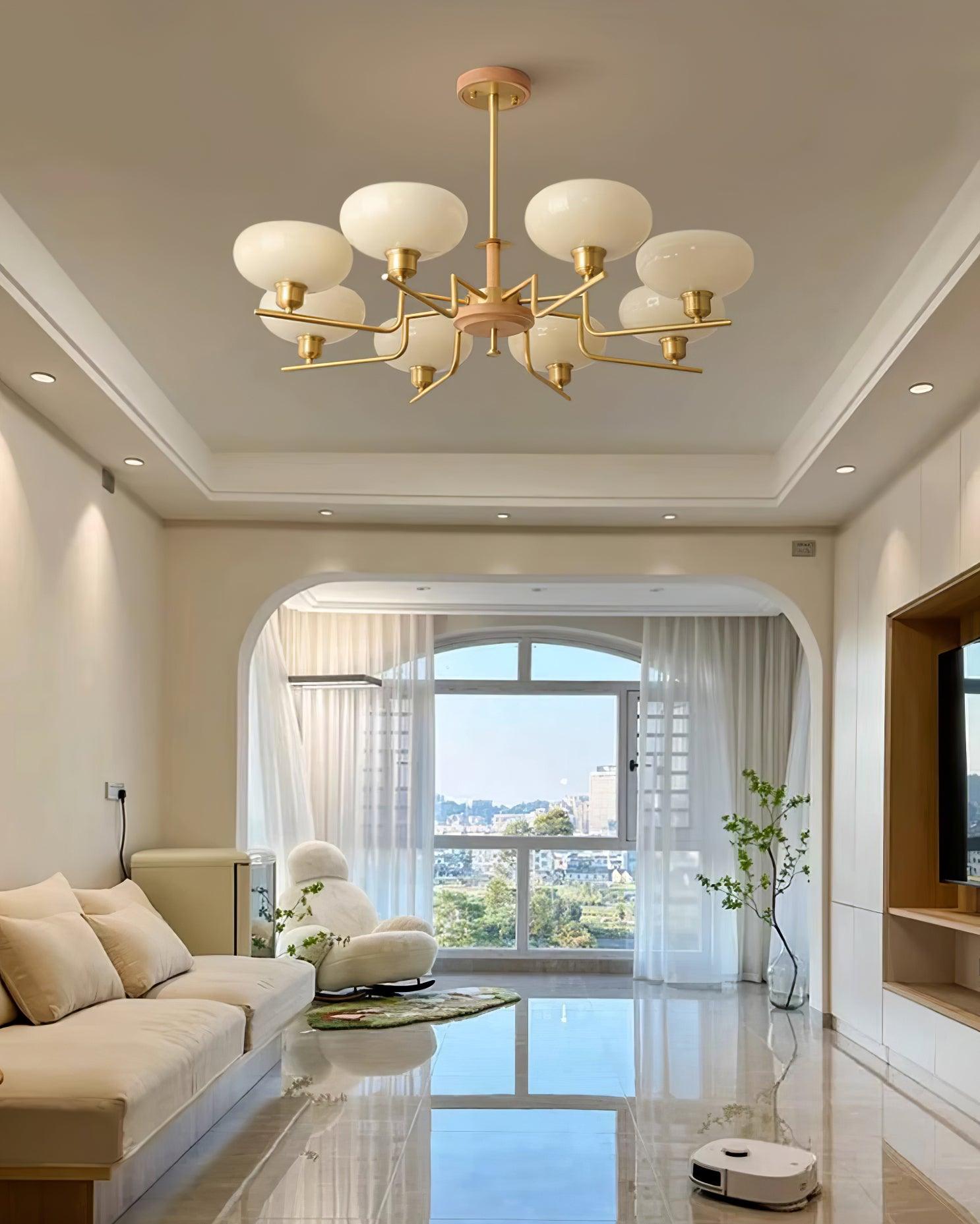 Chandelier Wood & Brass Frame Glass Shades Medieval Ambience - Letslighting