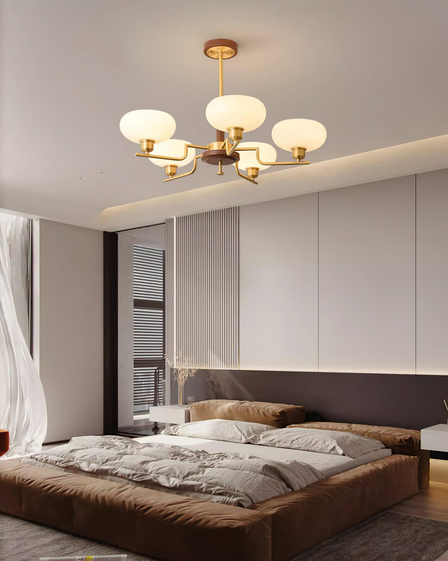 Chandelier Wood & Brass Frame Glass Shades Medieval Ambience - Letslighting