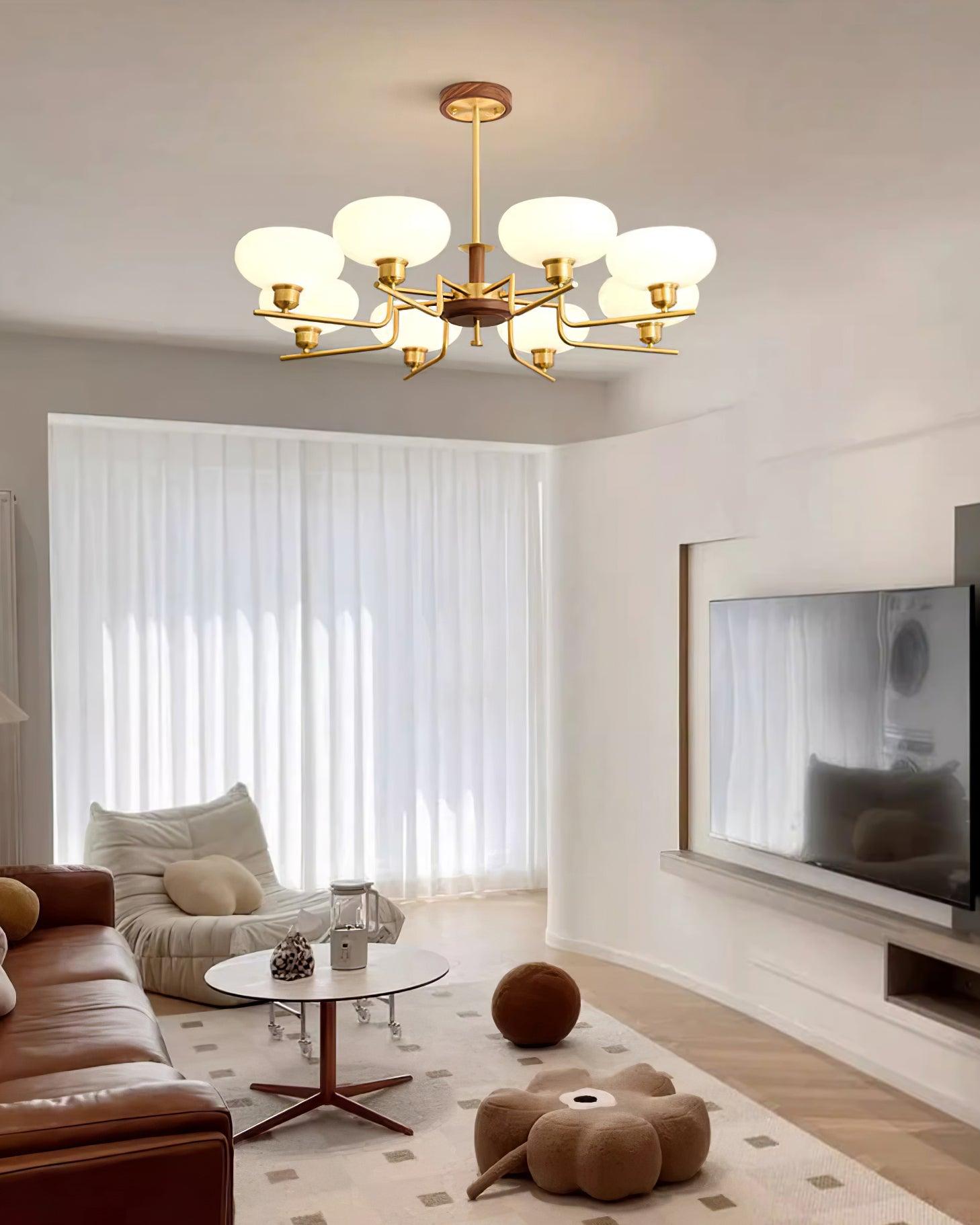 Chandelier Wood & Brass Frame Glass Shades Medieval Ambience - Letslighting