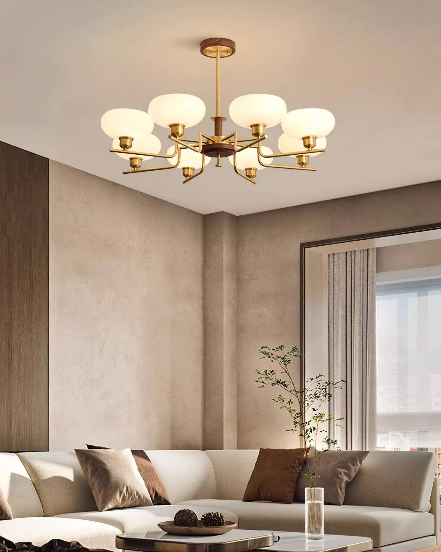 Chandelier Wood & Brass Frame Glass Shades Medieval Ambience - Letslighting