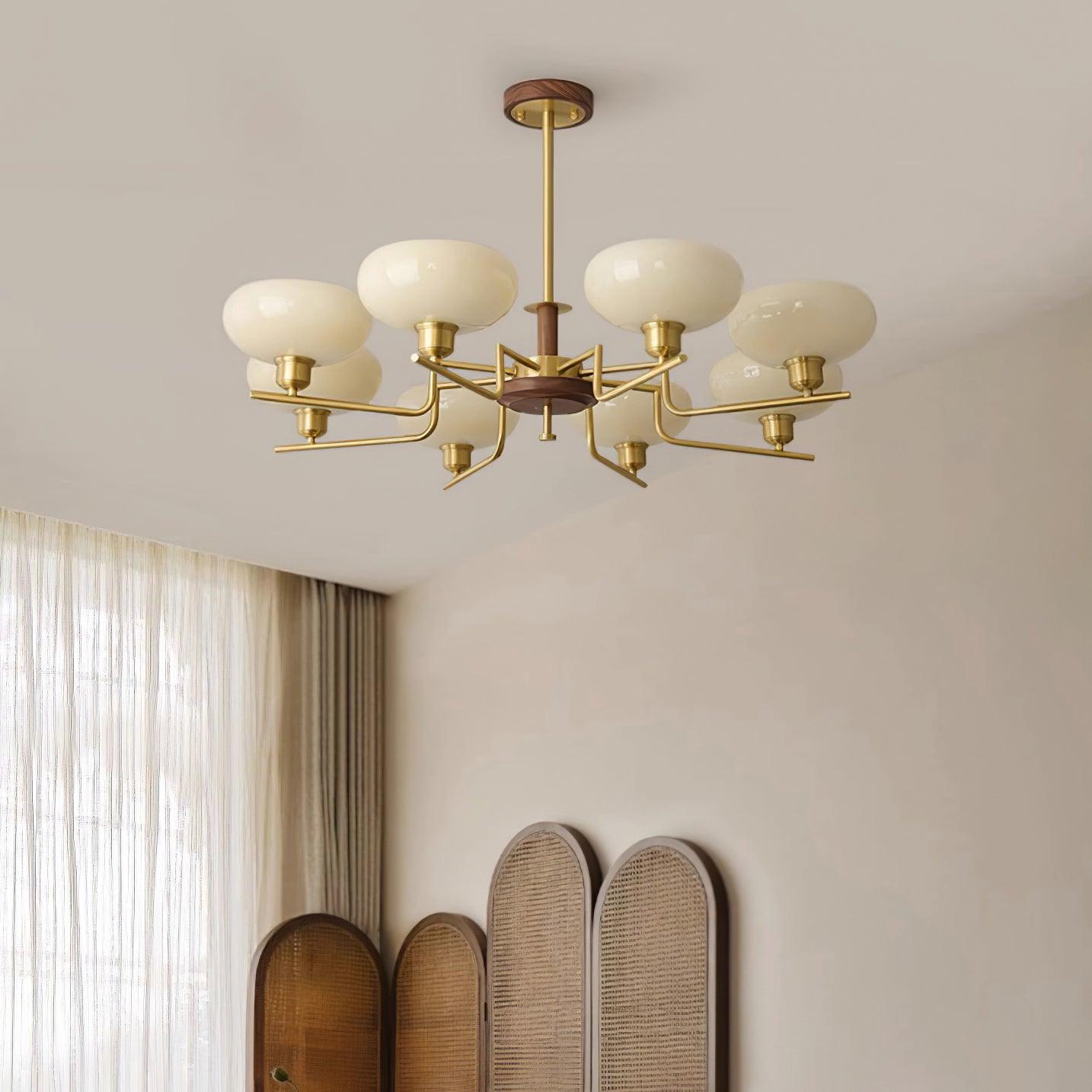 Chandelier Wood & Brass Frame Glass Shades Medieval Ambience - Letslighting