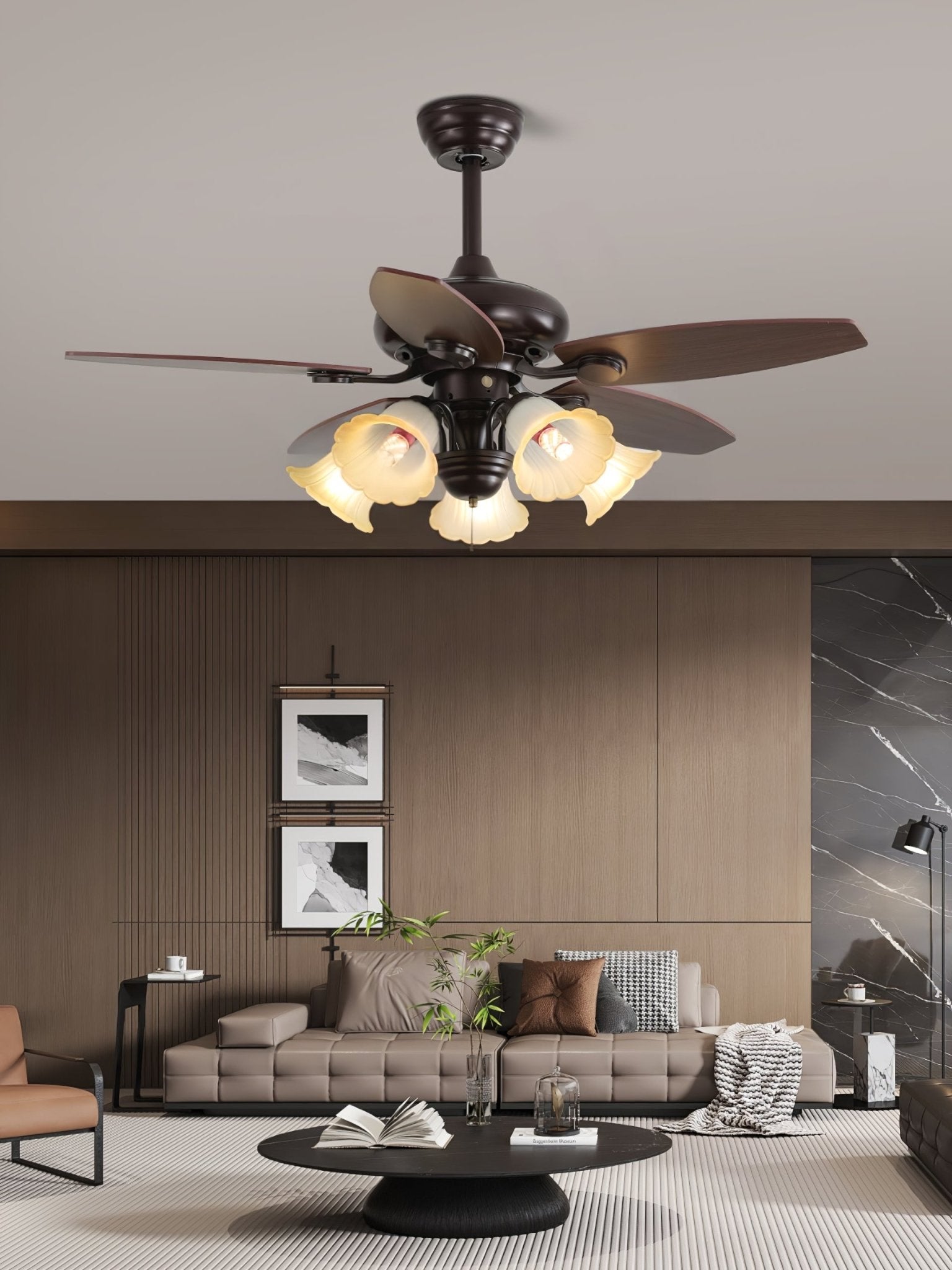 Florence Vintage Wood Glass Ceiling Fan Light - Letslighting