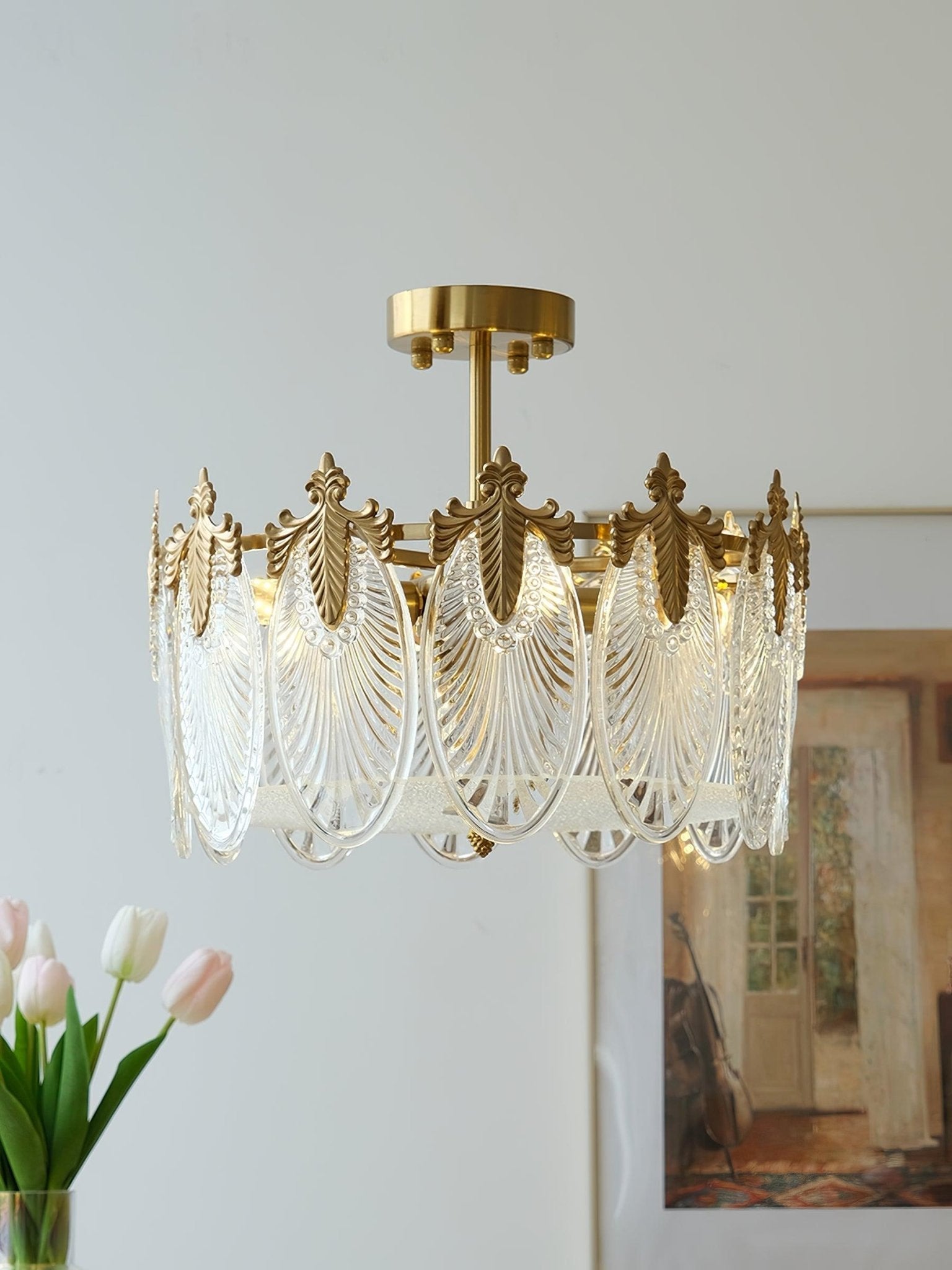 Lustra Chandelier Glass Petals Gold Frame Round - Letslighting