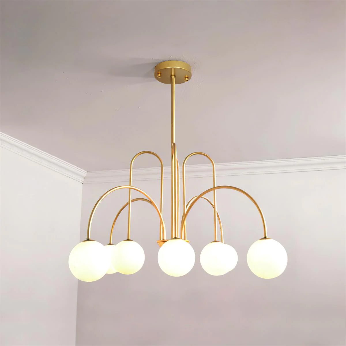 Lustra Chandelier Brass Curved Arms White Globe - Letslighting