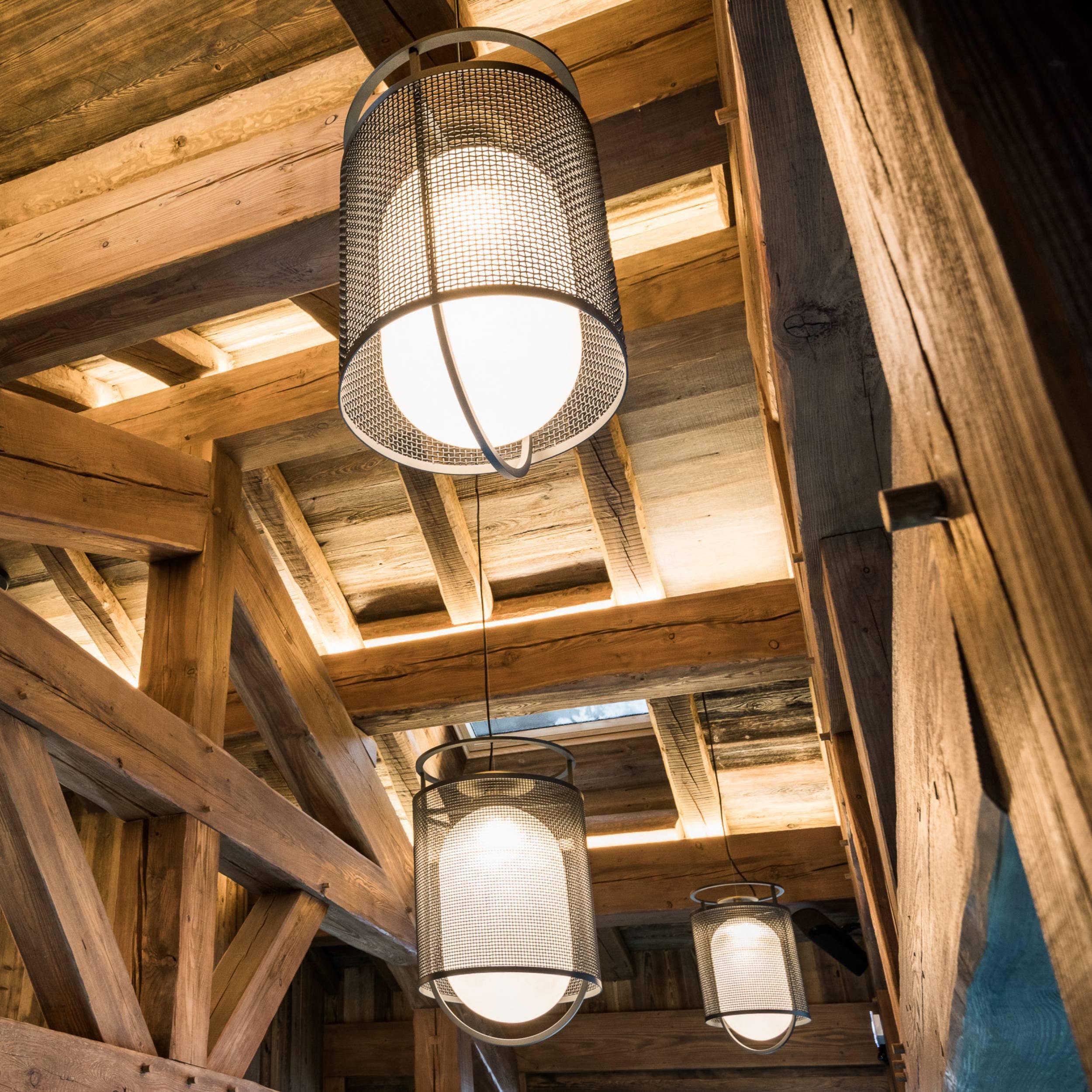 Solara Pendant Lamp Mesh Cylinder Brass Accent Industrial - Letslighting
