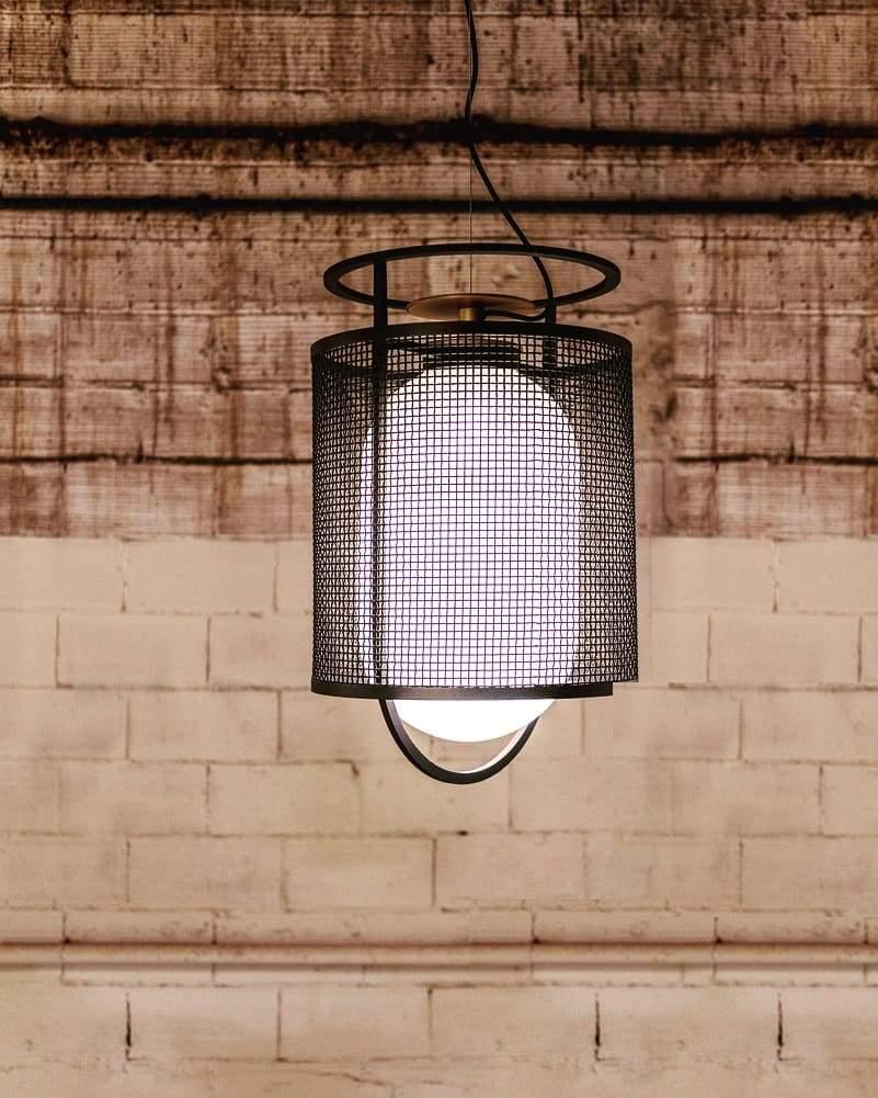 Solara Pendant Lamp Mesh Cylinder Brass Accent Industrial - Letslighting