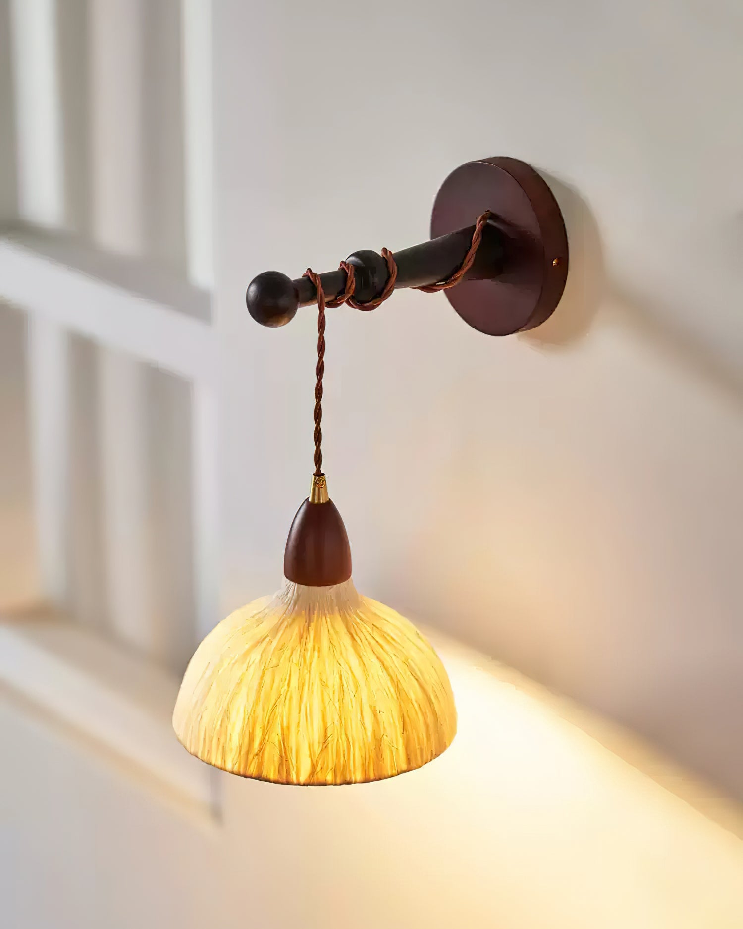 Wall Lamp Rice Paper Shade Wood Arm Soft Ambient Cozy Minimalist - Letslighting