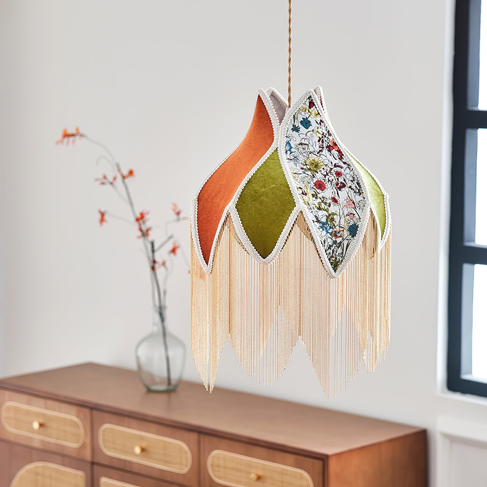 Pendant Lamp with Floral Petal Fabric Shade Fringe Bohemian - Letslighting
