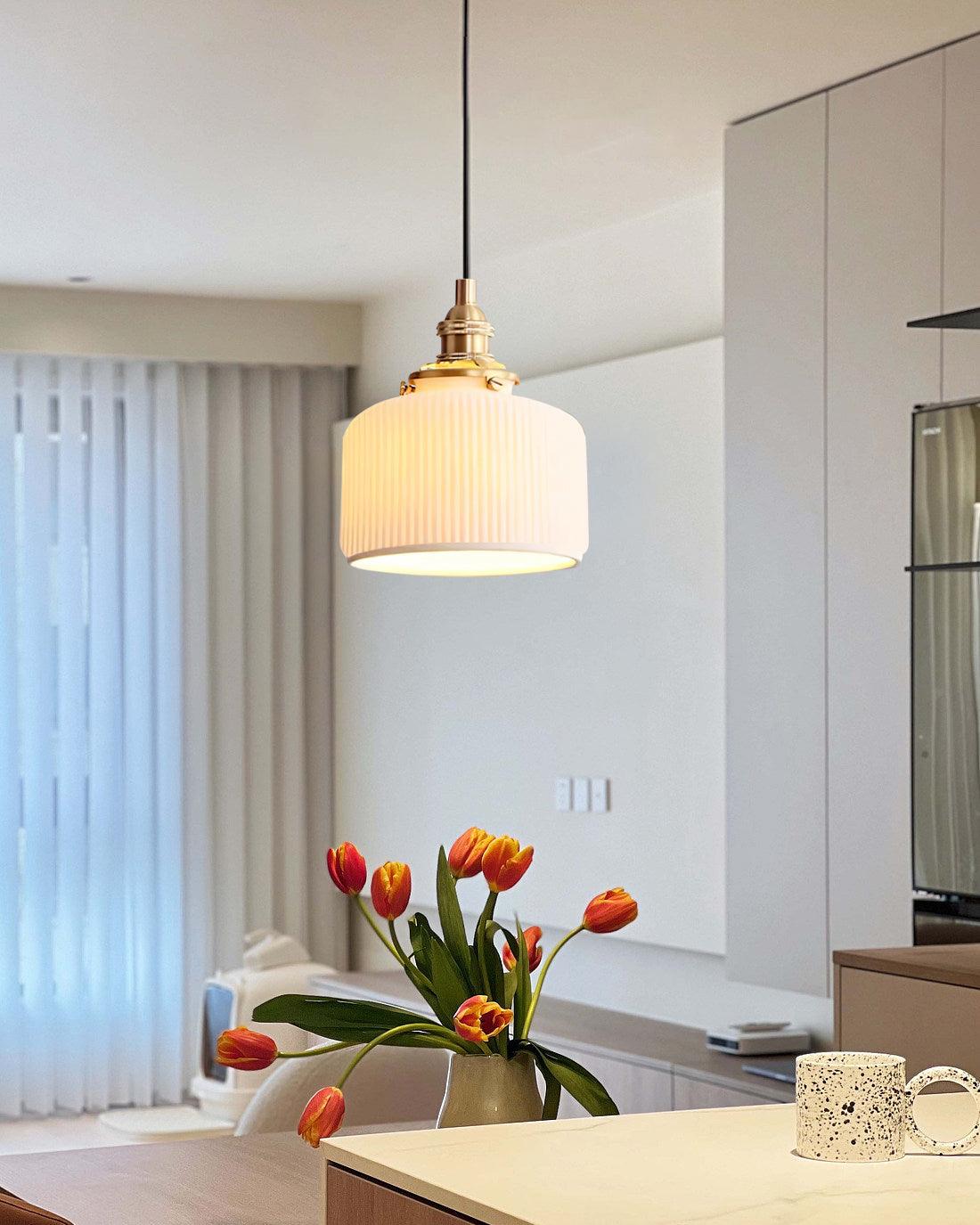 Pendant Lamp Ribbed Ceramic Shade with Gold Fitting Art - Letslighting