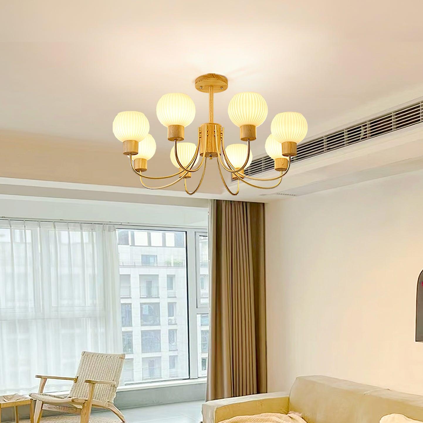 Lustra Chandelier Wooden 6 Lights Elegant Glass - Letslighting